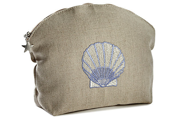 Cosmetic Bag, Natural Linen (Medium), Scallop (Blue)