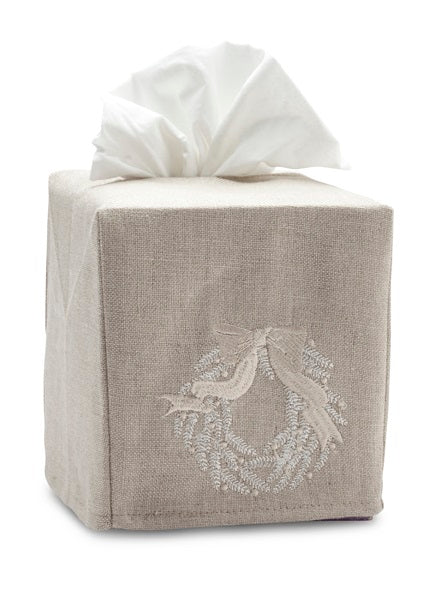 Tissue Box Cover, Natural Linen, Christmas Wreath (Beige)