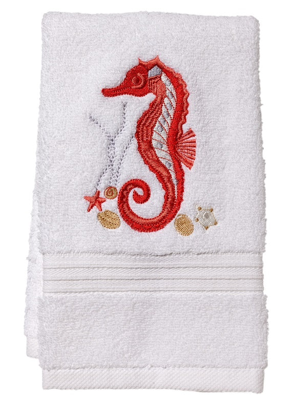 Guest Towel, Terry, Seahorse & Shells (Coral)