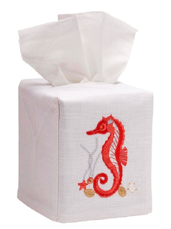 Tissue Box Cover - Seahorse & Shells (Coral)