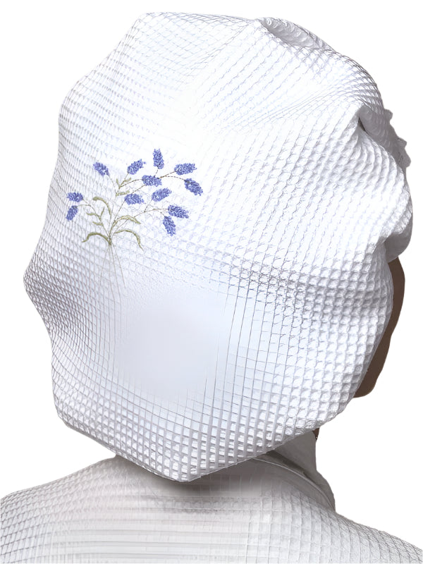 Shower Cap - White Cotton Waffle Weave, Embroidered