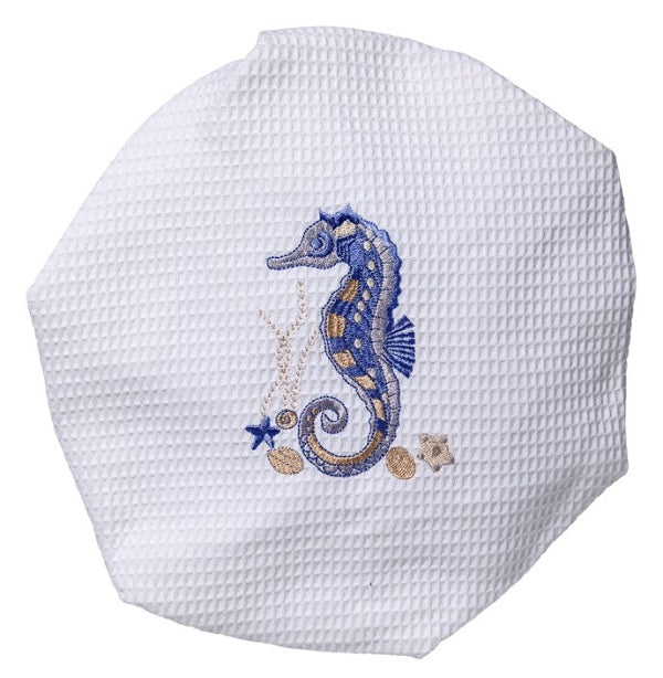 Shower Cap, Waffle Weave, Seahorse & Shells (Blue)