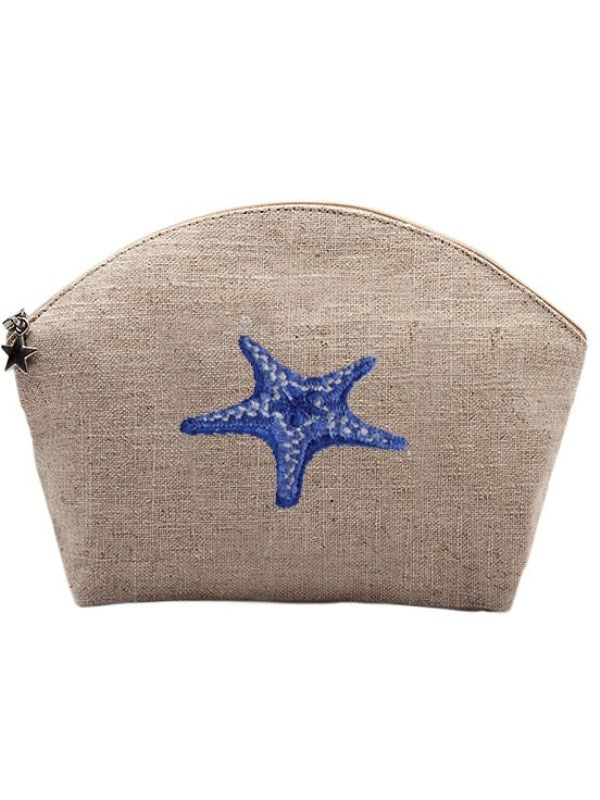 Cosmetic Bag, Natural Linen (Medium), Morning Starfish (Blue)