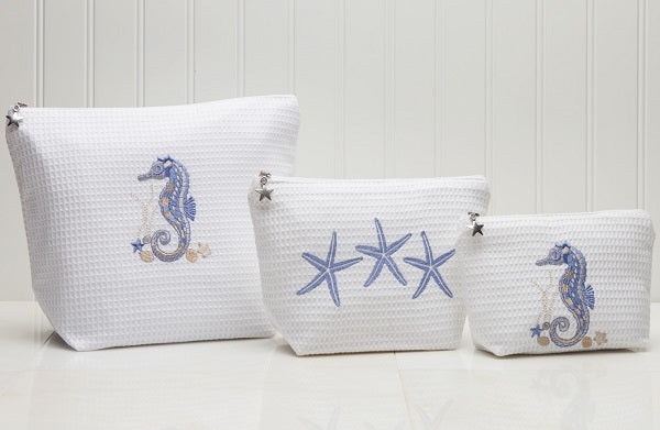 Cosmetic Bag (Large), Waffle Weave - Morning Starfish (Blue)