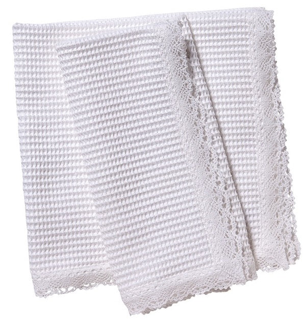 Dinner Napkins - White Waffle Weave, Lace Trim (Set of 2)