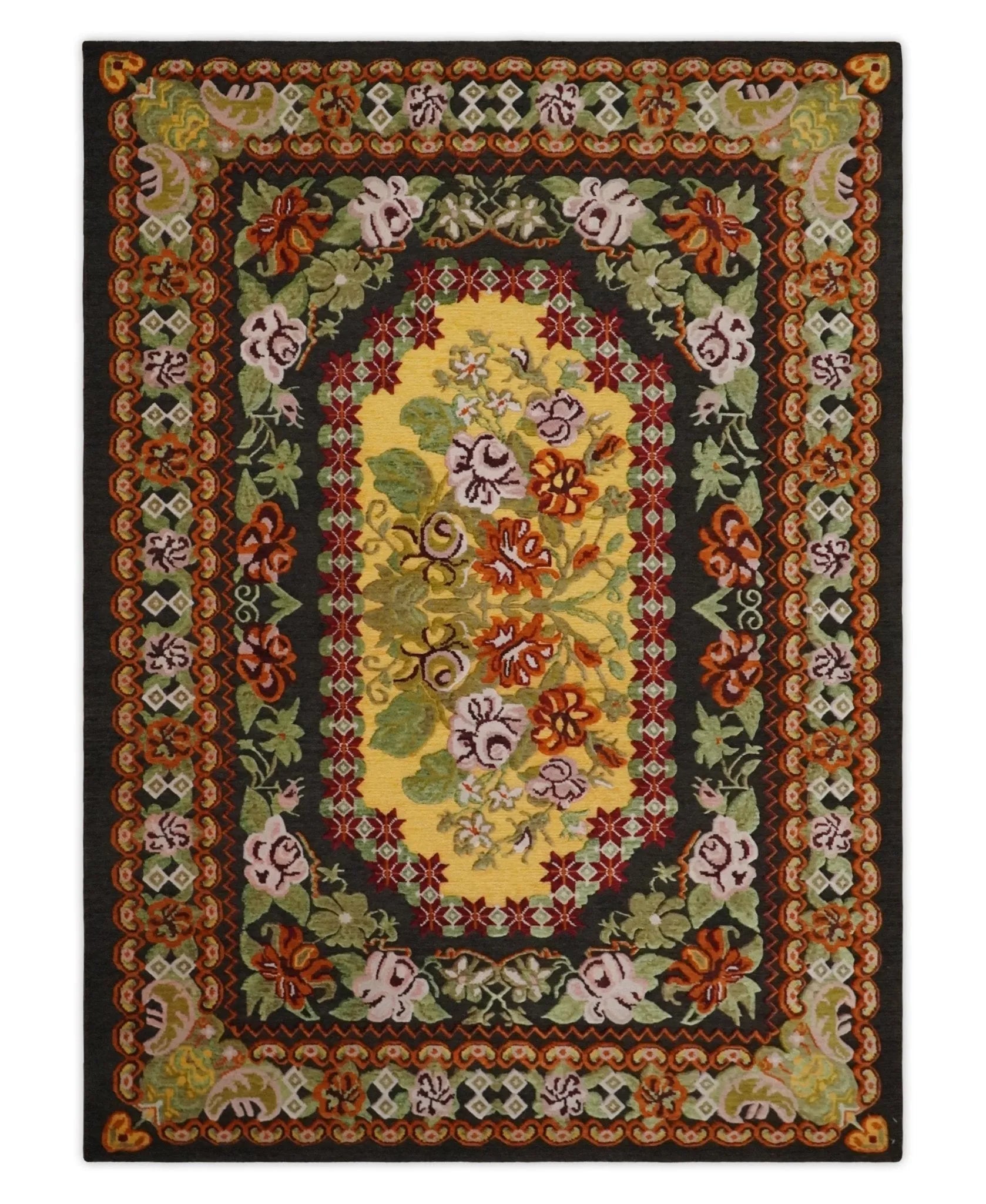 5x7 Flatwoven Soumak Black, Yellow, Green and Gold Flower Wool Hand Woven Antique Design Rug | KNT39