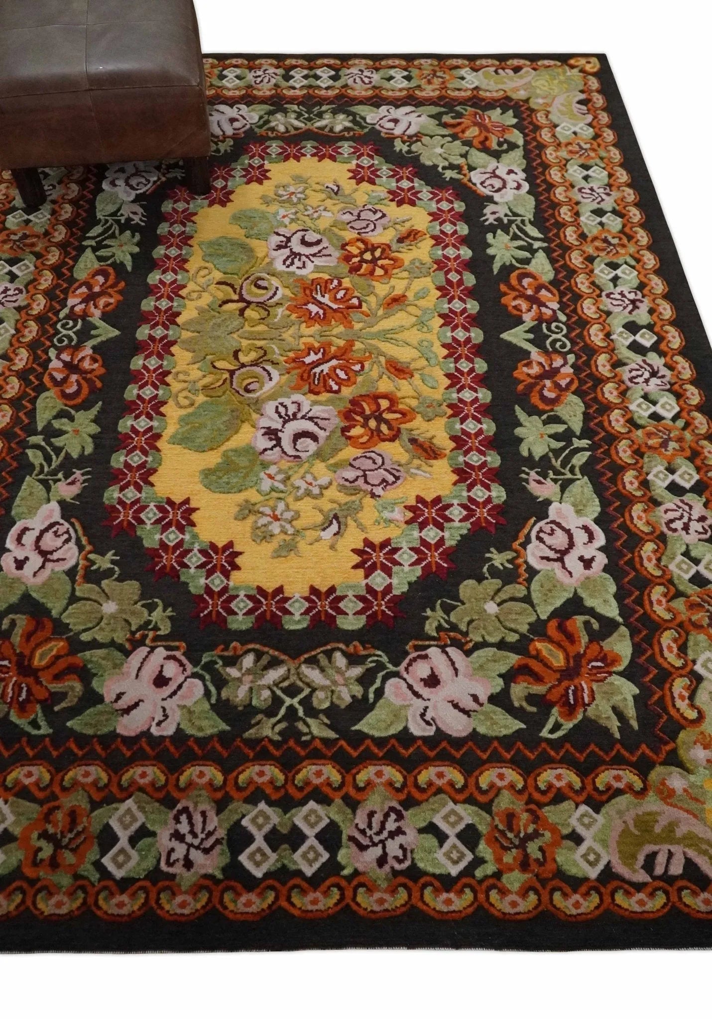 5x7 Flatwoven Soumak Black, Yellow, Green and Gold Flower Wool Hand Woven Antique Design Rug | KNT39