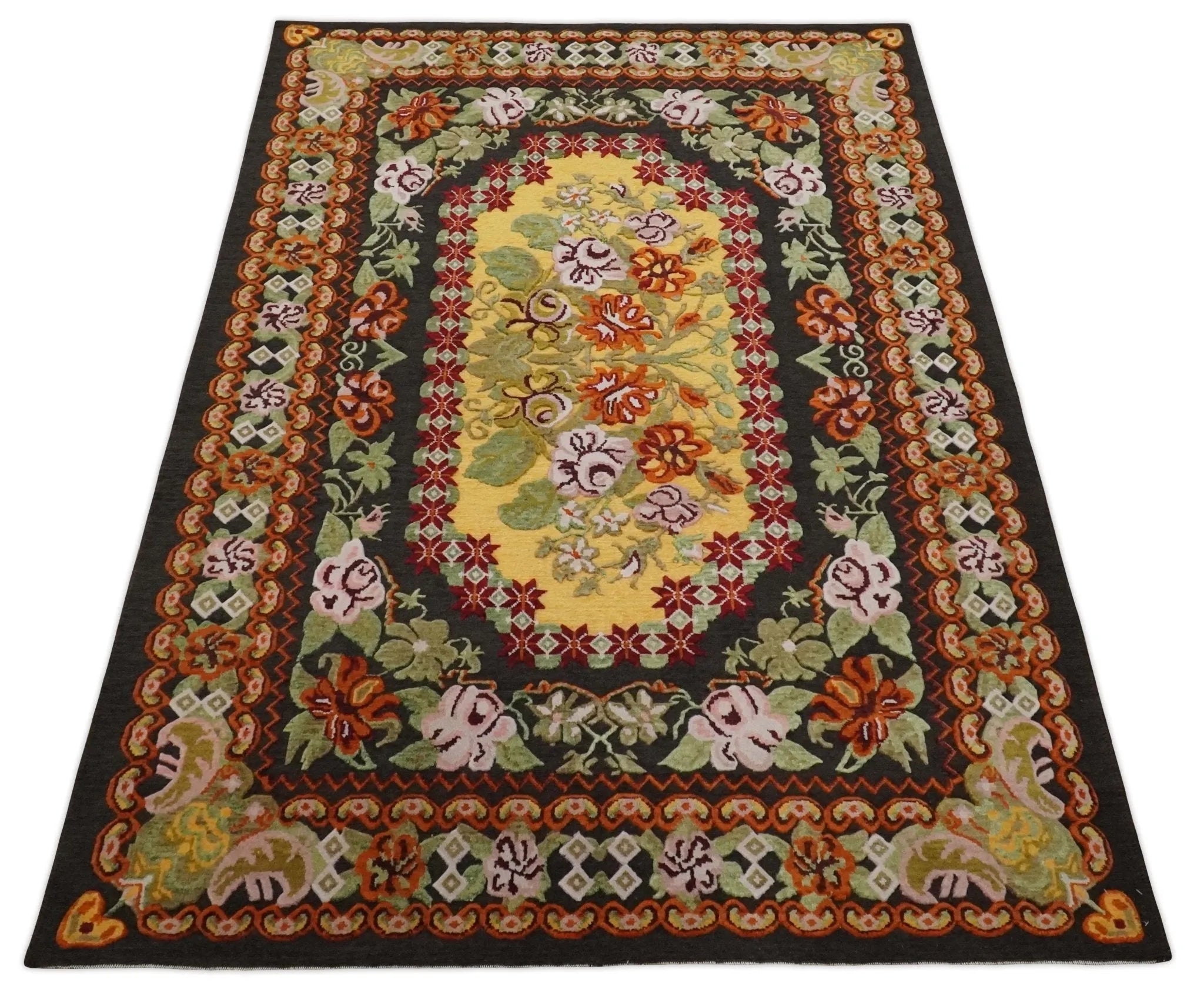 5x7 Flatwoven Soumak Black, Yellow, Green and Gold Flower Wool Hand Woven Antique Design Rug | KNT39