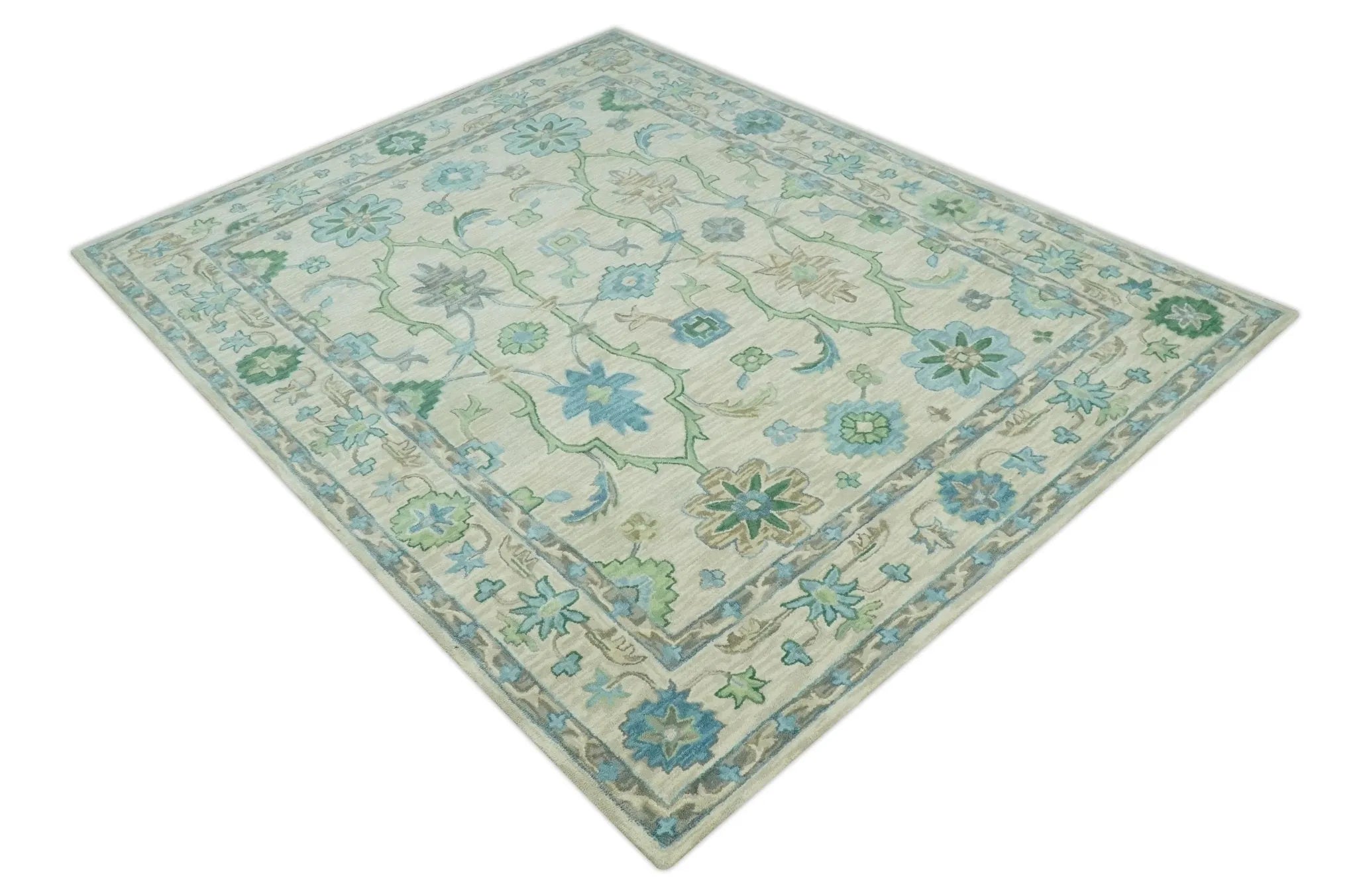 Floral Beige, Gray, Blue and Green Oriental Oushak Hand Tufted Custom Made wool Area rug