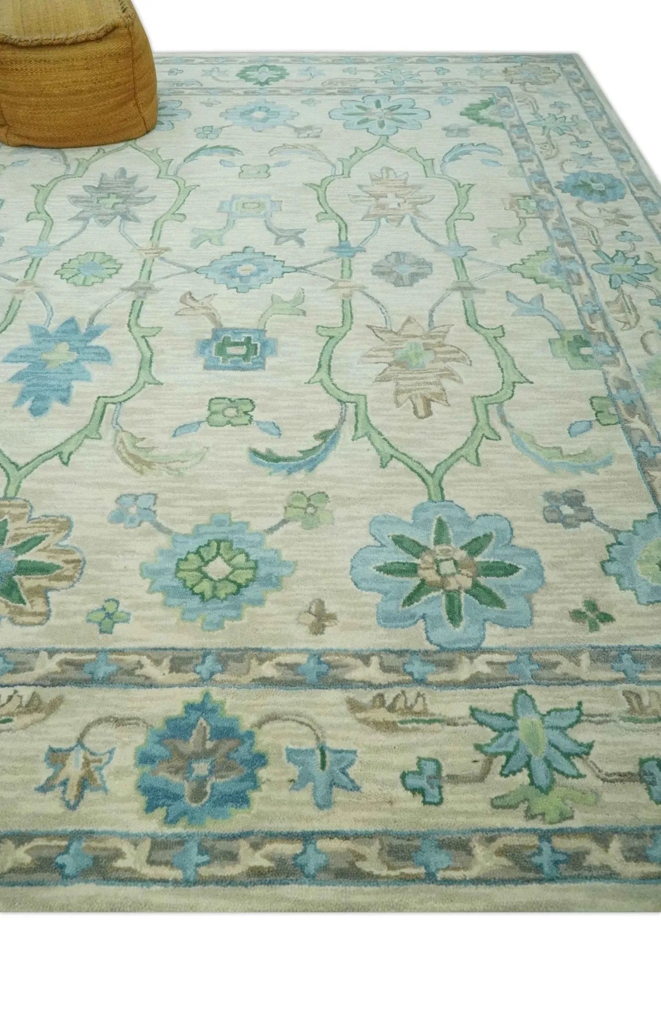 Floral Beige, Gray, Blue and Green Oriental Oushak Hand Tufted Custom Made wool Area rug