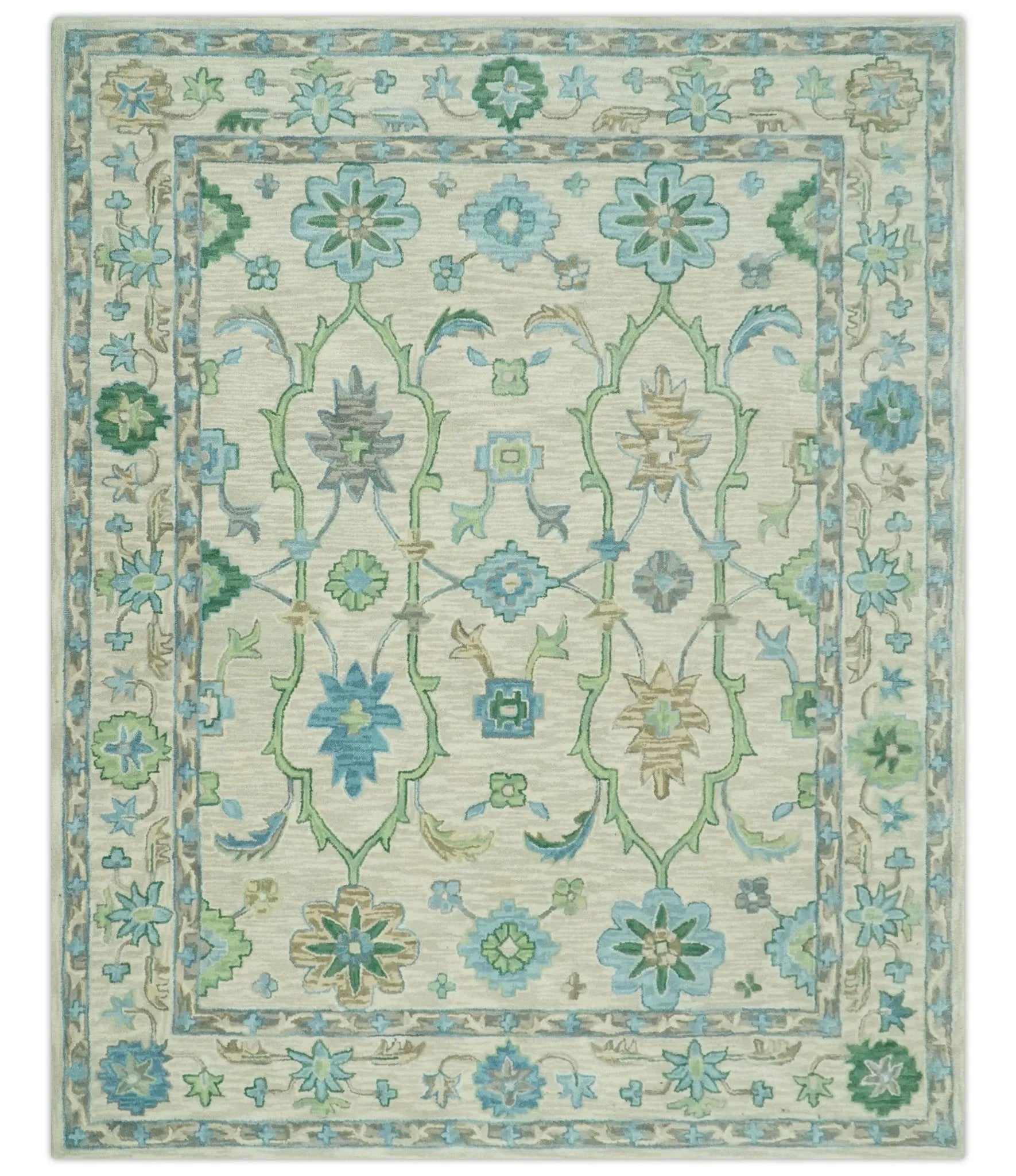 Floral Beige, Gray, Blue and Green Oriental Oushak Hand Tufted Custom Made wool Area rug