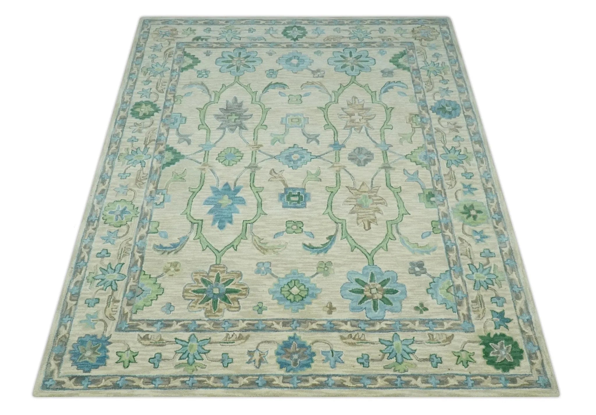 Floral Beige, Gray, Blue and Green Oriental Oushak Hand Tufted Custom Made wool Area rug