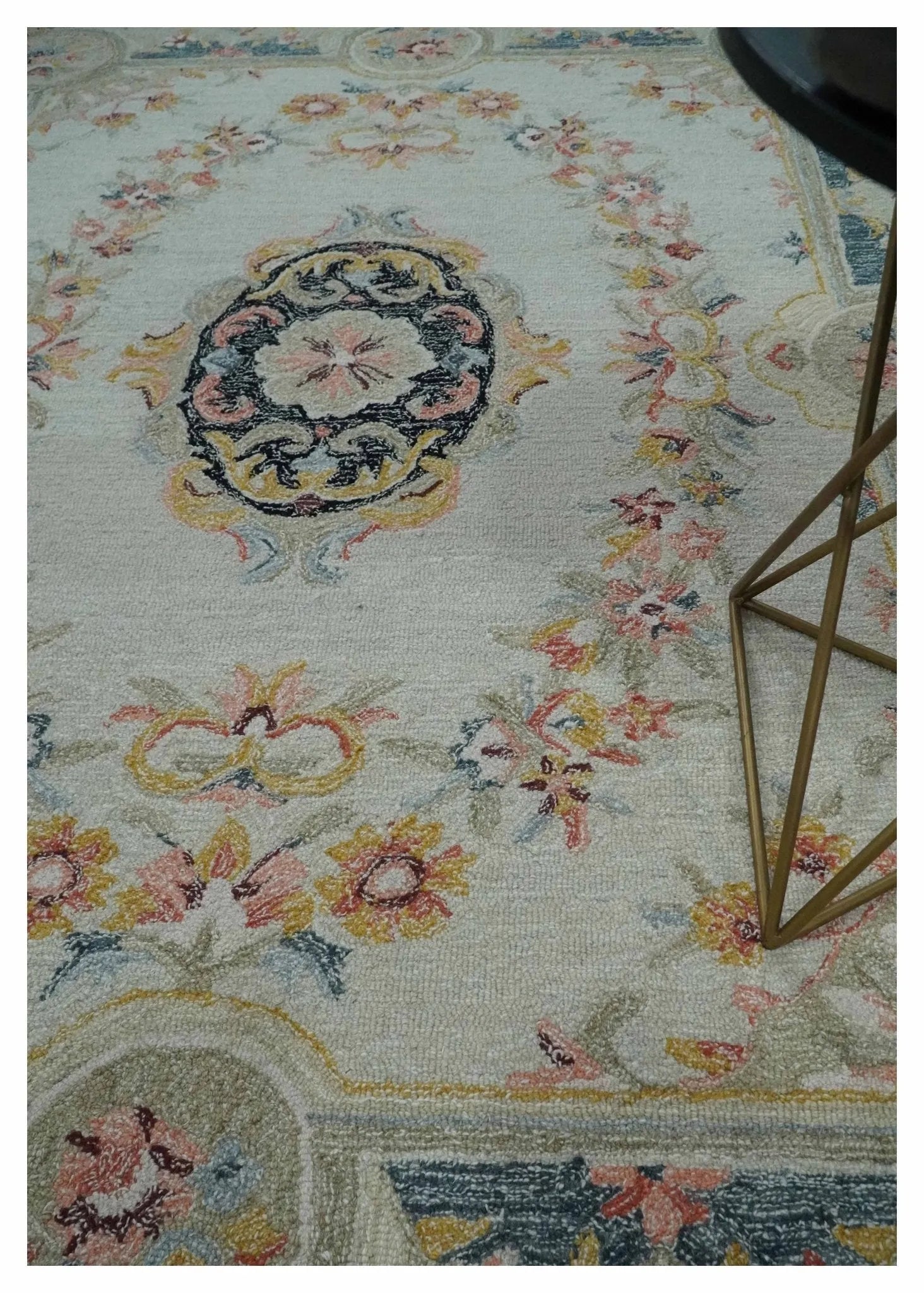 French Design Aubusson Custom Made Ivory, Light Green and Charcoal Hand Tufted wool Area Rug