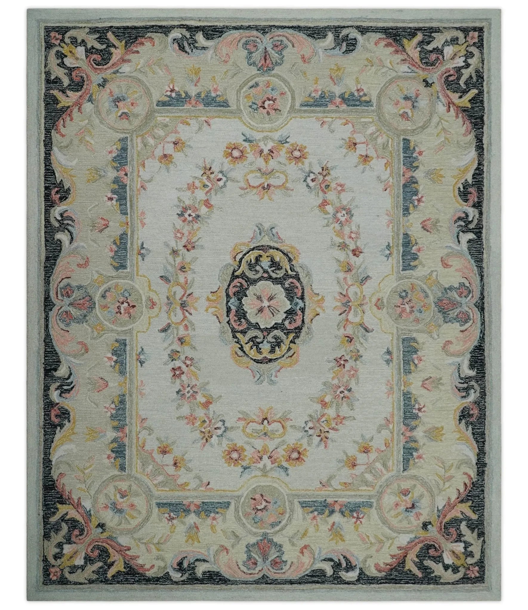 French Design Aubusson Custom Made Ivory, Light Green and Charcoal Hand Tufted wool Area Rug