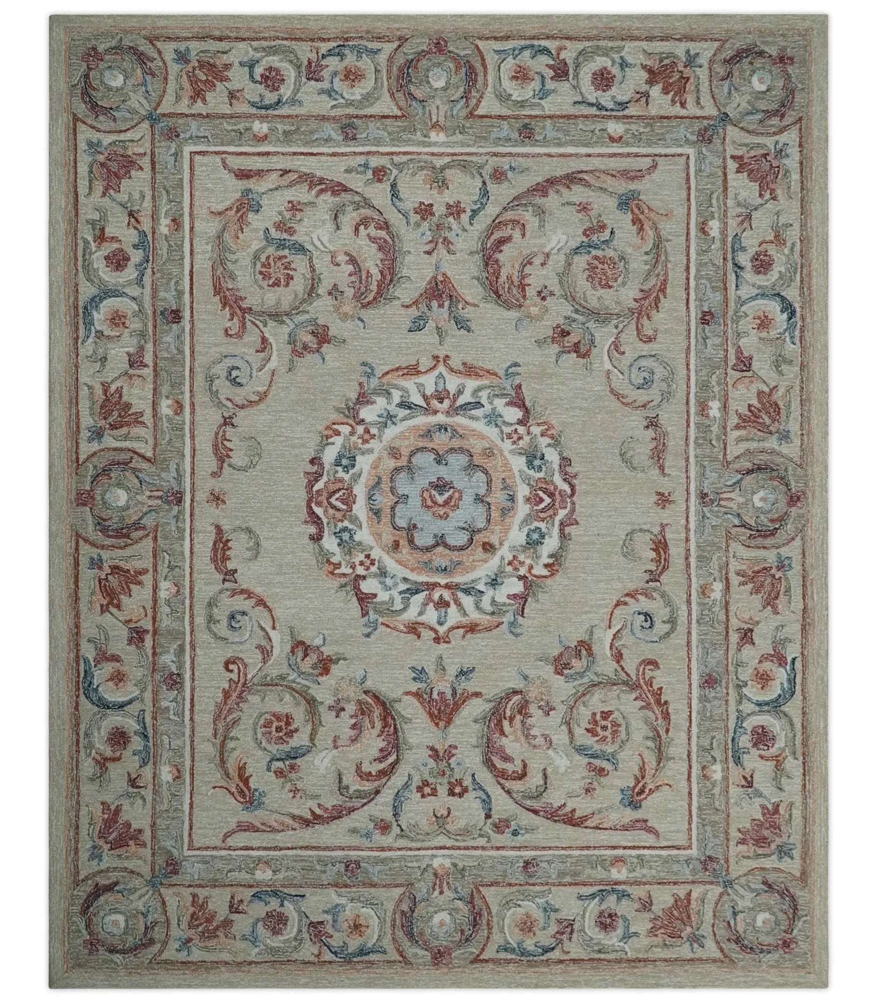 French Inspired Aubusson design Custom Made Beige, Brown and Blue Hand Tufted wool Area Rug