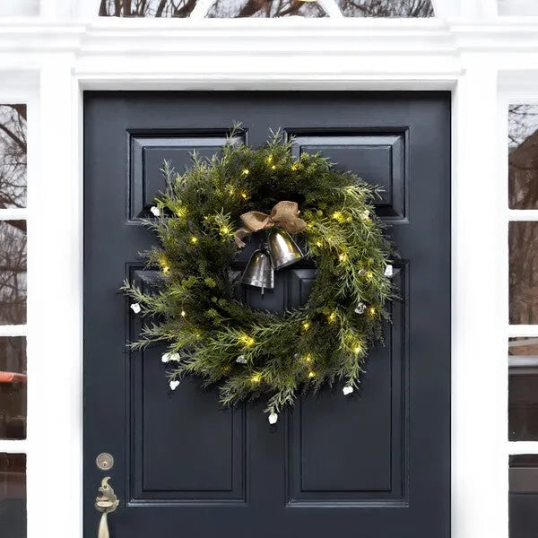 Faux Pine Led Wreath in Green with Gold Bells