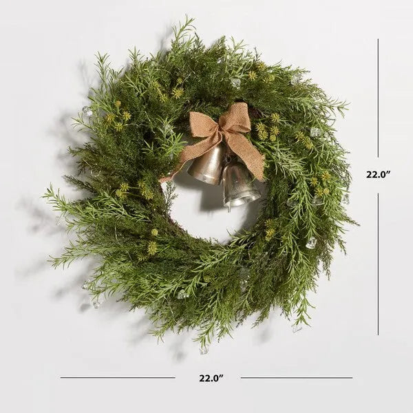 Faux Pine Led Wreath in Green with Gold Bells