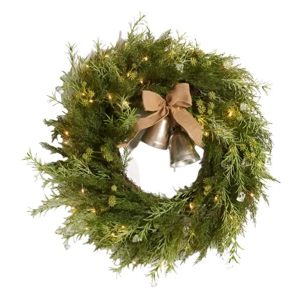 Faux Pine Led Wreath in Green with Gold Bells