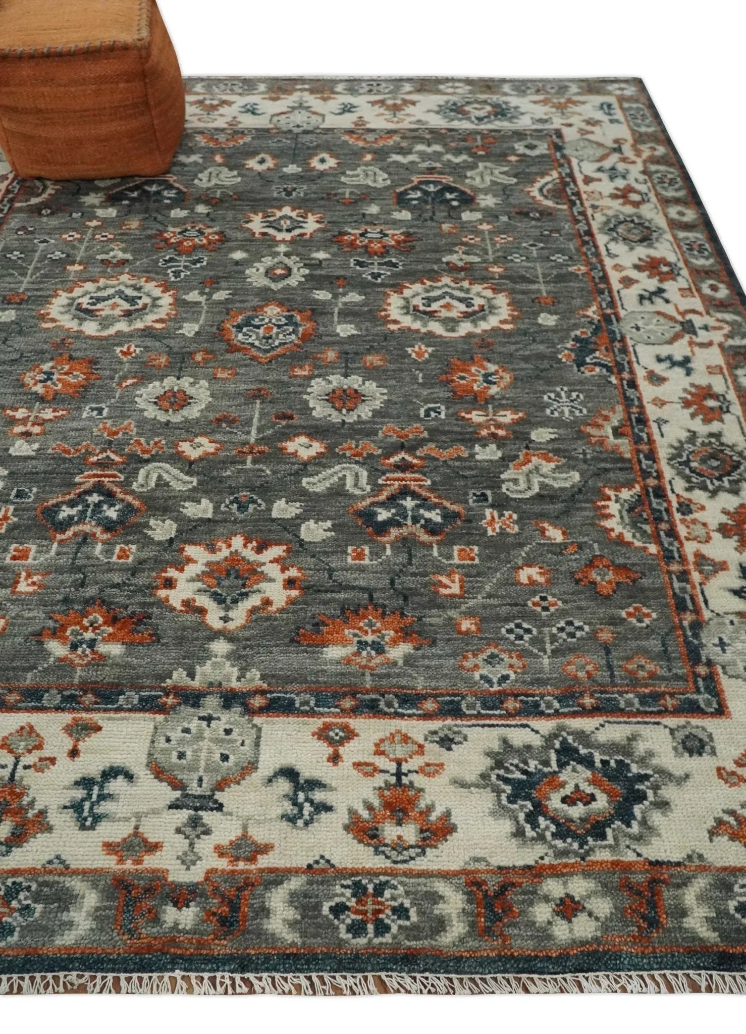 Charcoal and Ivory Hand Knotted Traditional Oushak Custom Made Wool Area Rug