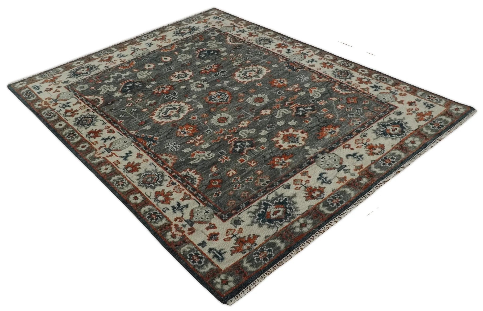 Charcoal and Ivory Hand Knotted Traditional Oushak Custom Made Wool Area Rug