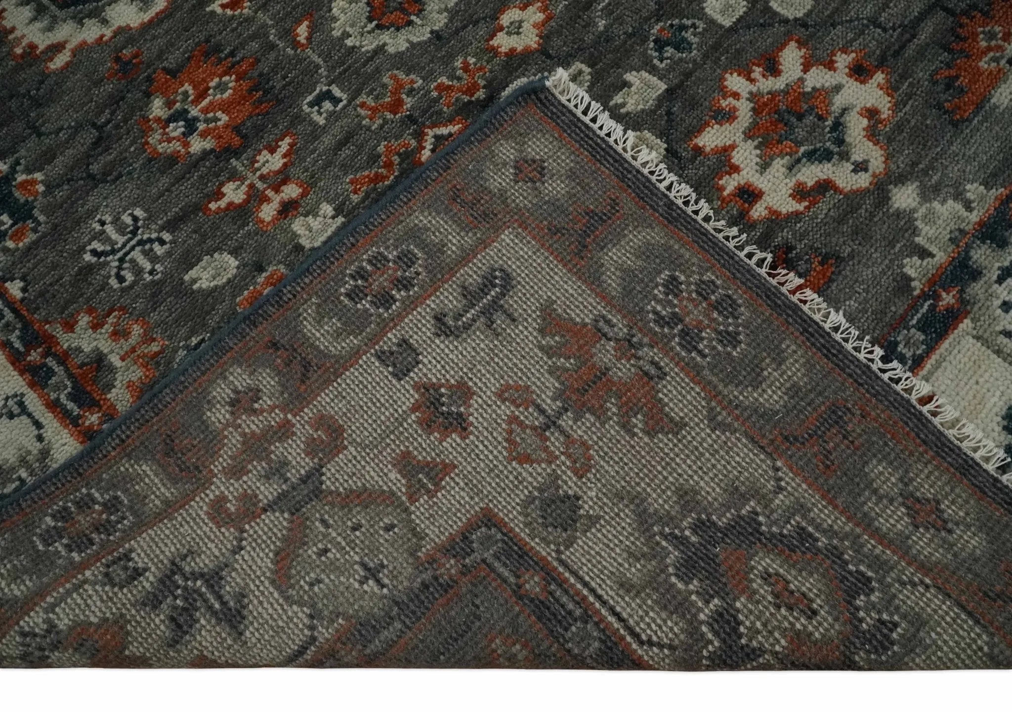 Charcoal and Ivory Hand Knotted Traditional Oushak Custom Made Wool Area Rug