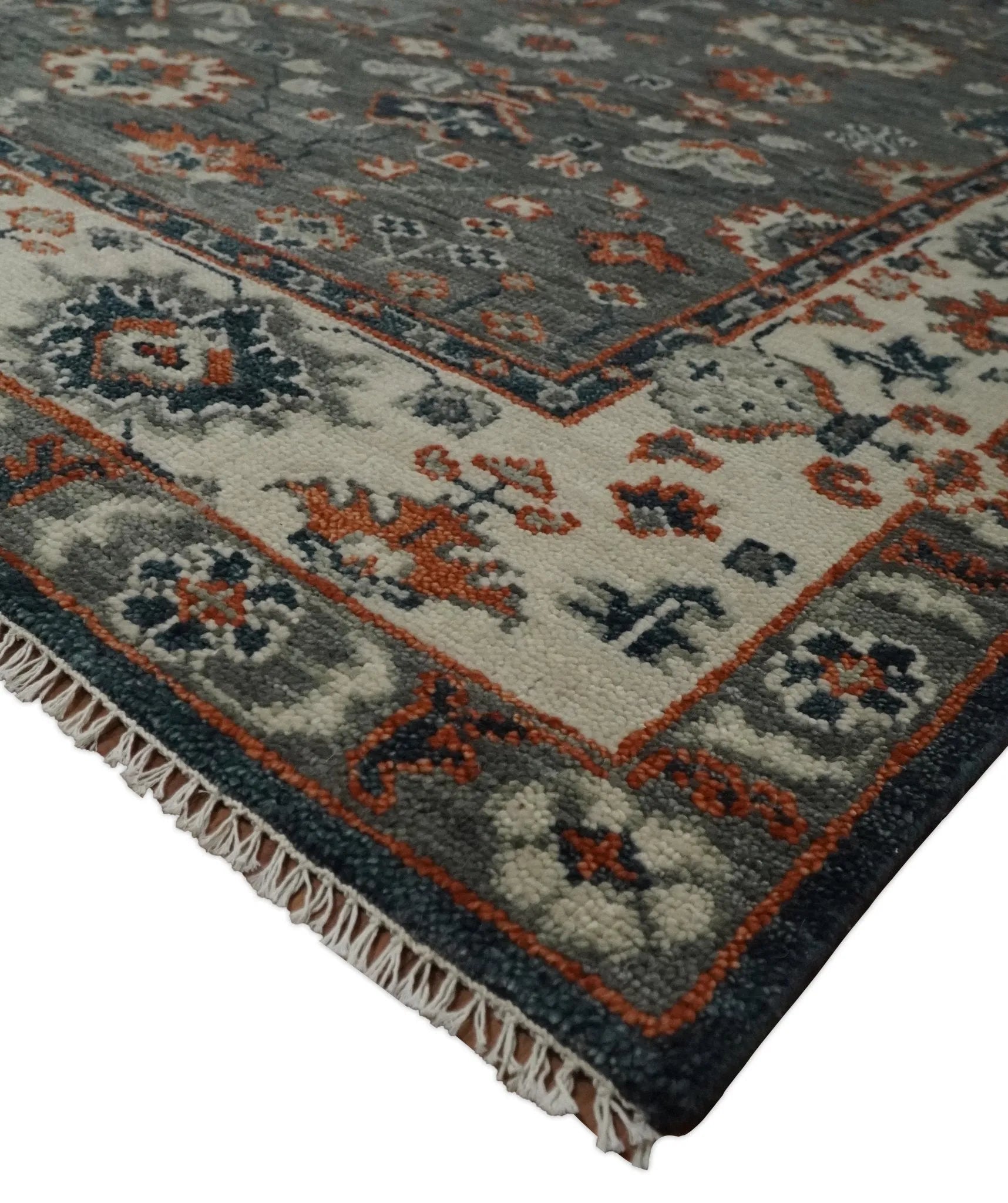 Charcoal and Ivory Hand Knotted Traditional Oushak Custom Made Wool Area Rug