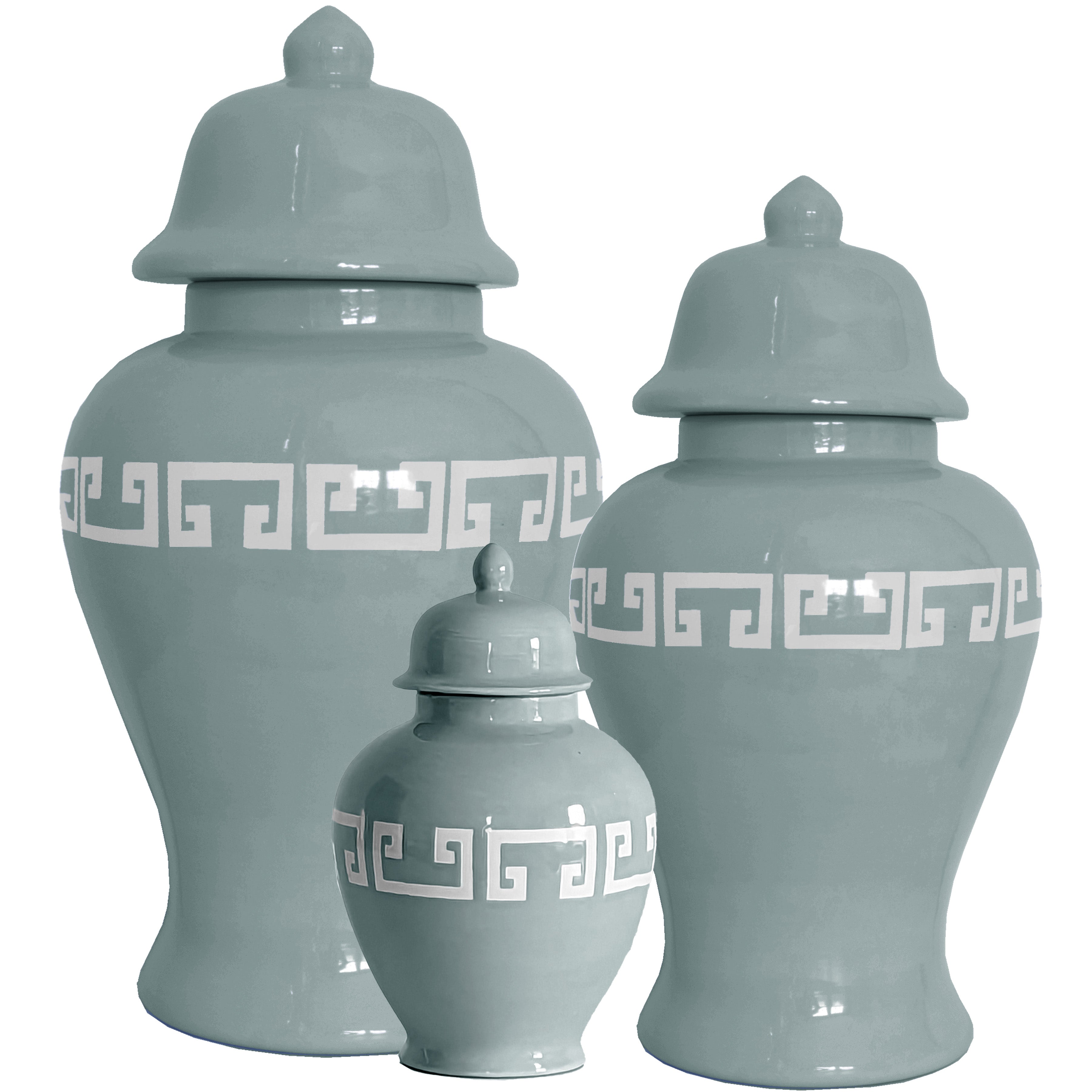 Lamb's Ear Blue Greek Key Ginger Jars