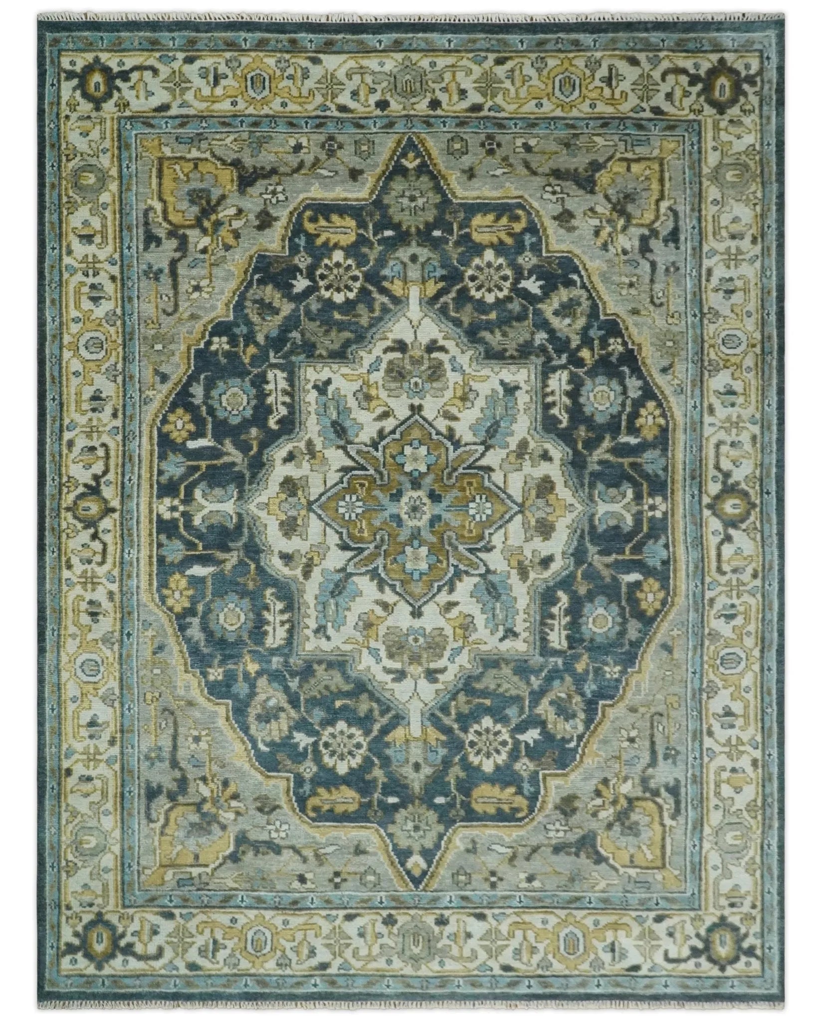 Ivory, Teal, silver and Olive Hand Knotted Traditional Heriz Medallion Multi size wool Area Rug