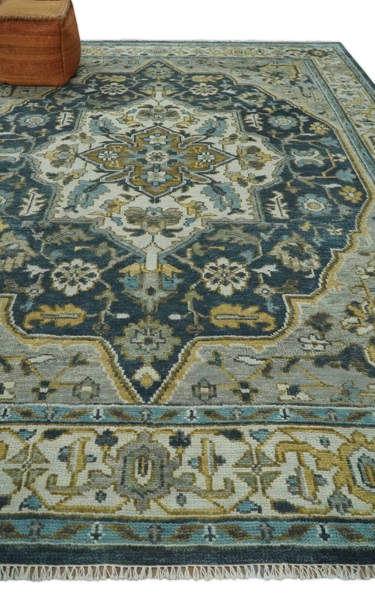 Ivory, Teal, silver and Olive Hand Knotted Traditional Heriz Medallion Multi size wool Area Rug