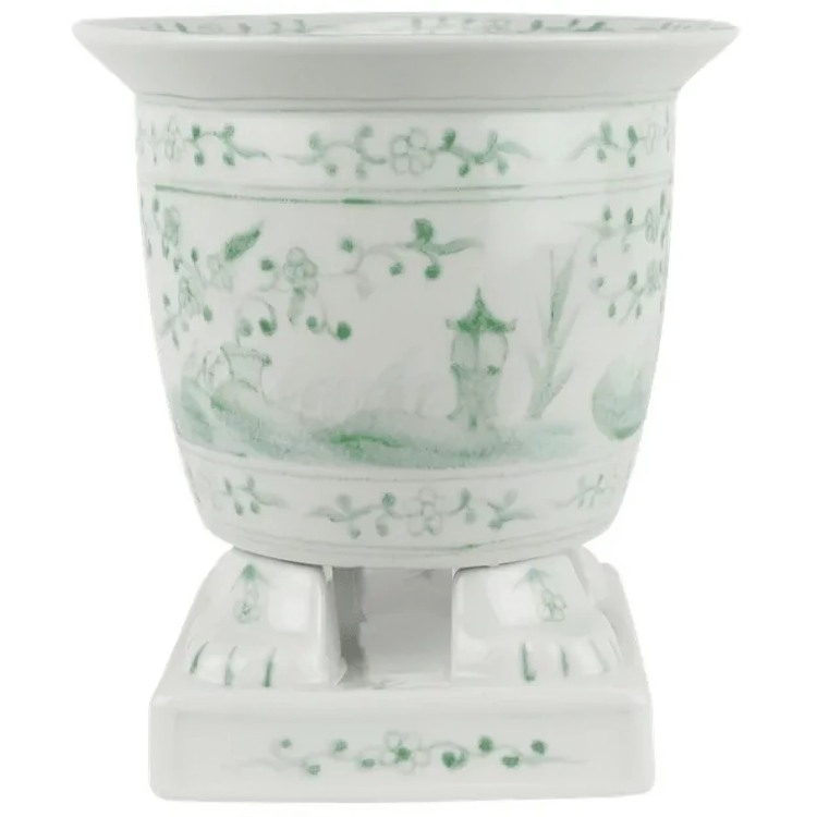 Porcelain Footed Planter in White with Chinoiserie Design