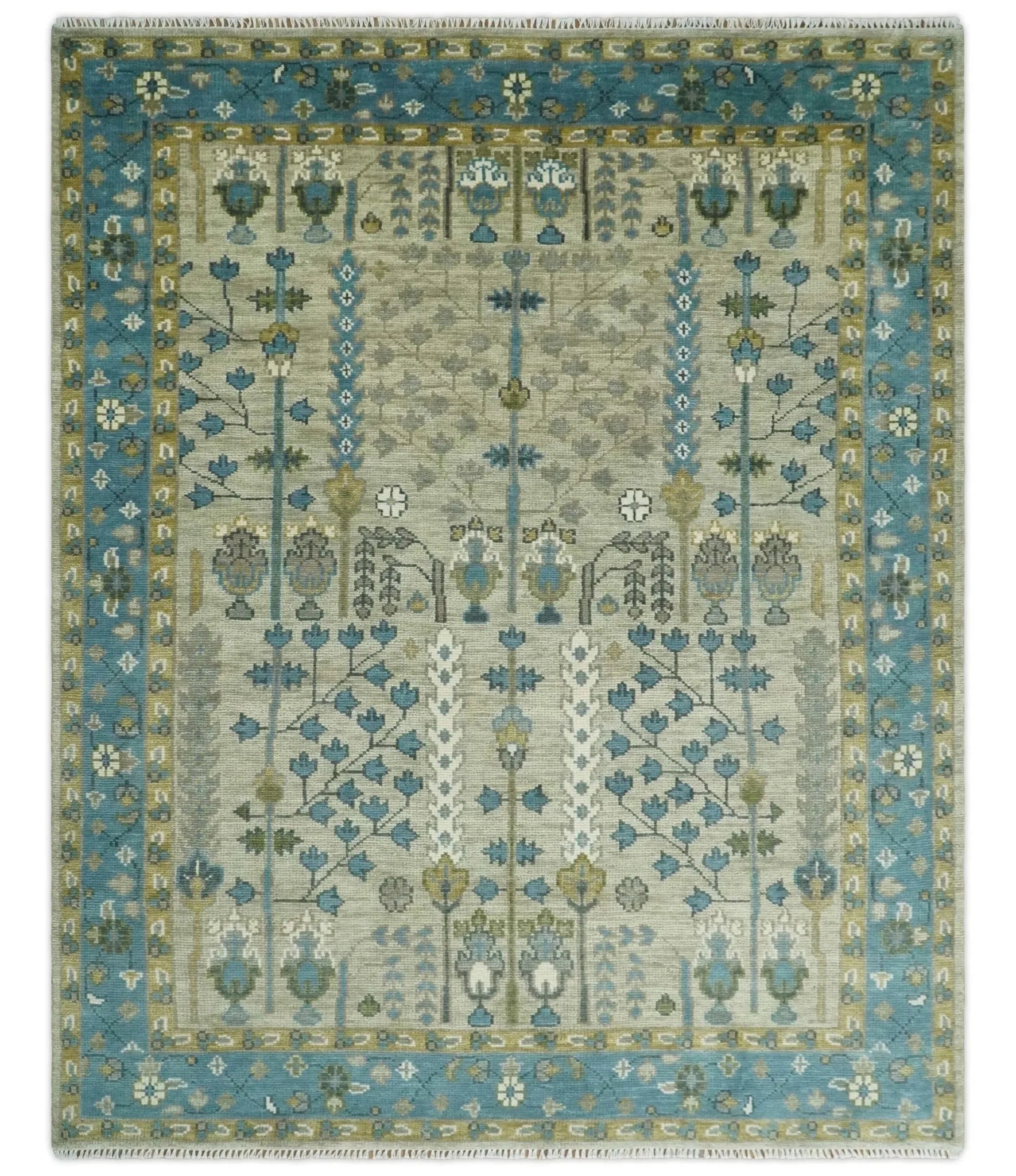 Tree of life Hand Knotted Traditional Beige and Blue Vintage Style Custom Made Wool Area Rug