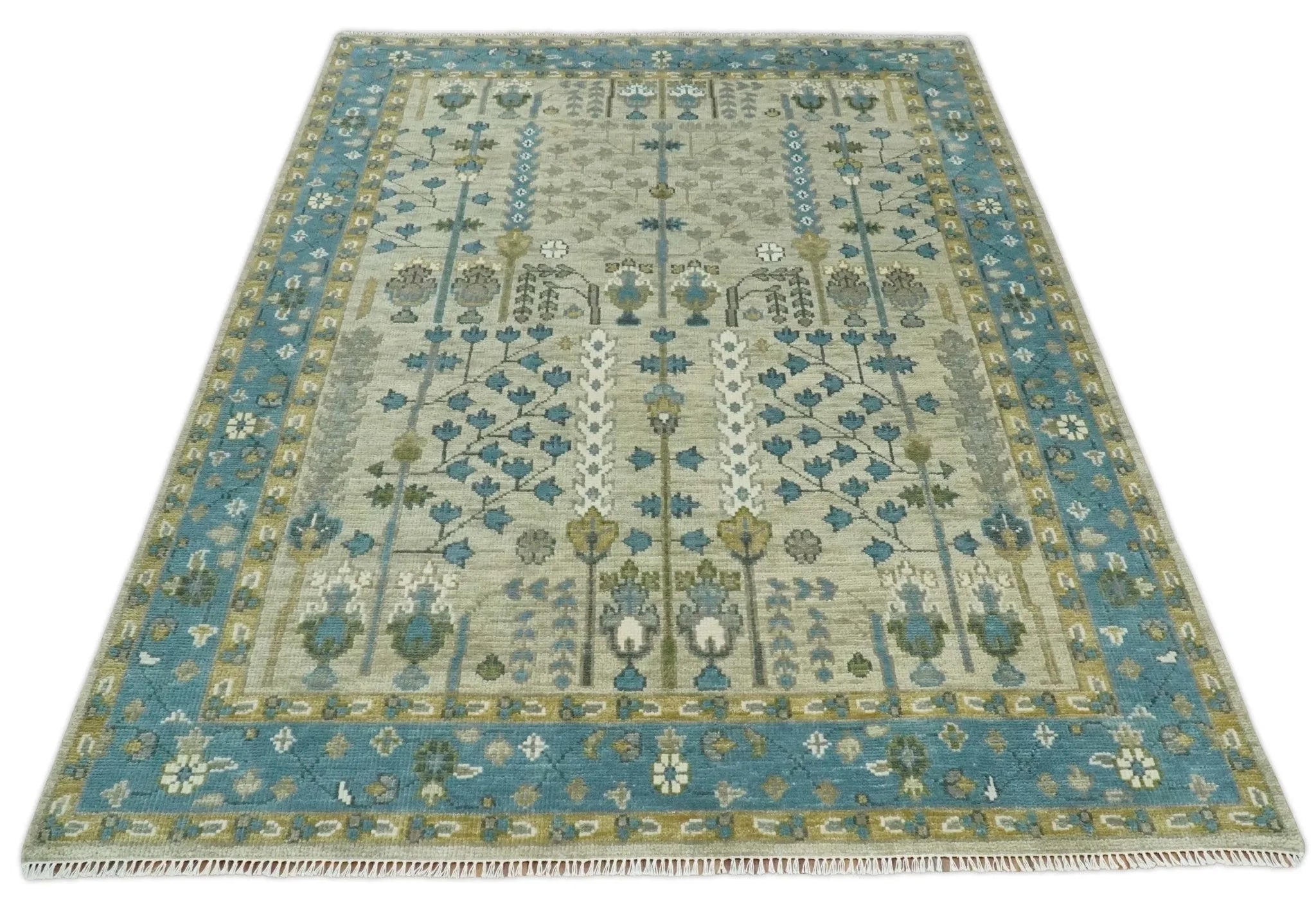 Tree of life Hand Knotted Traditional Beige and Blue Vintage Style Custom Made Wool Area Rug