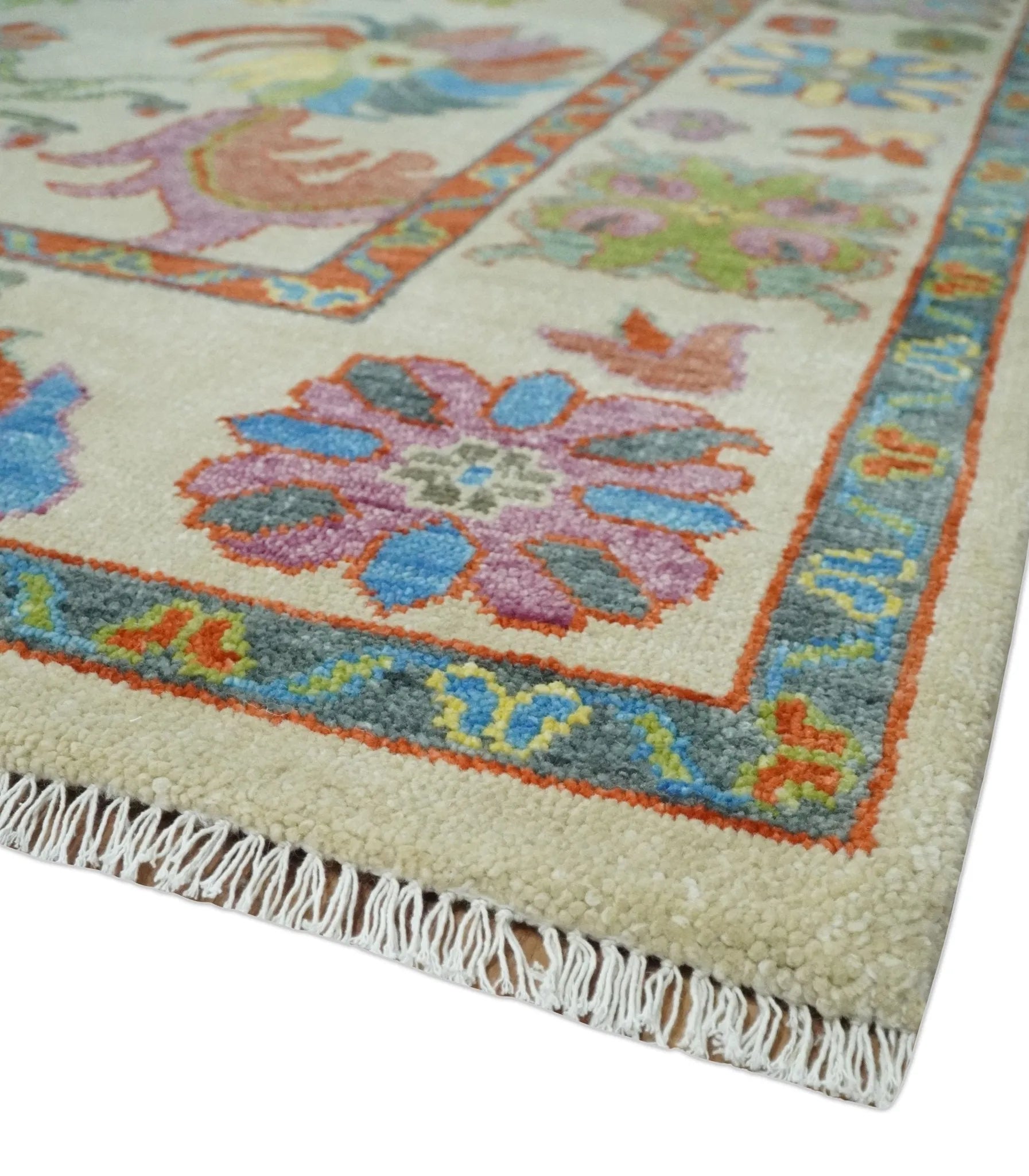 Custom Made Hand Knotted Beige with multicolor Traditional Oushak Wool area Rug