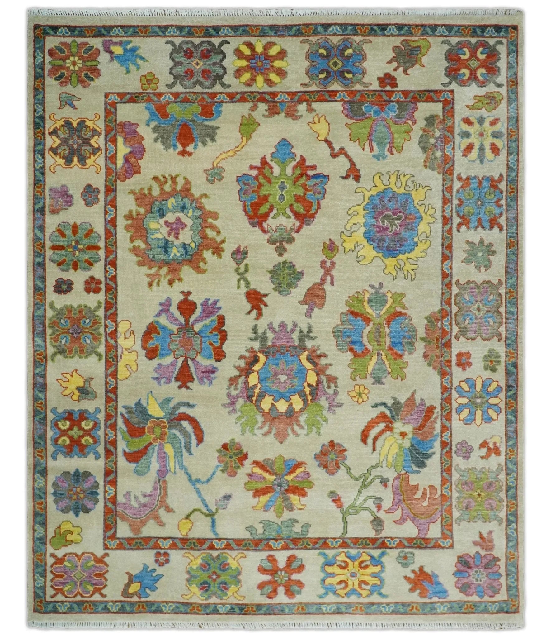 Custom Made Hand Knotted Beige with multicolor Traditional Oushak Wool area Rug