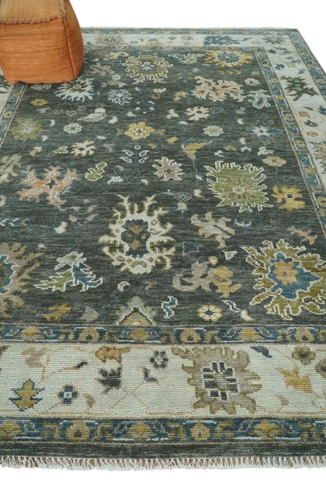 Custom Made Hand Knotted Green and Ivory Traditional Oushak Wool Rug