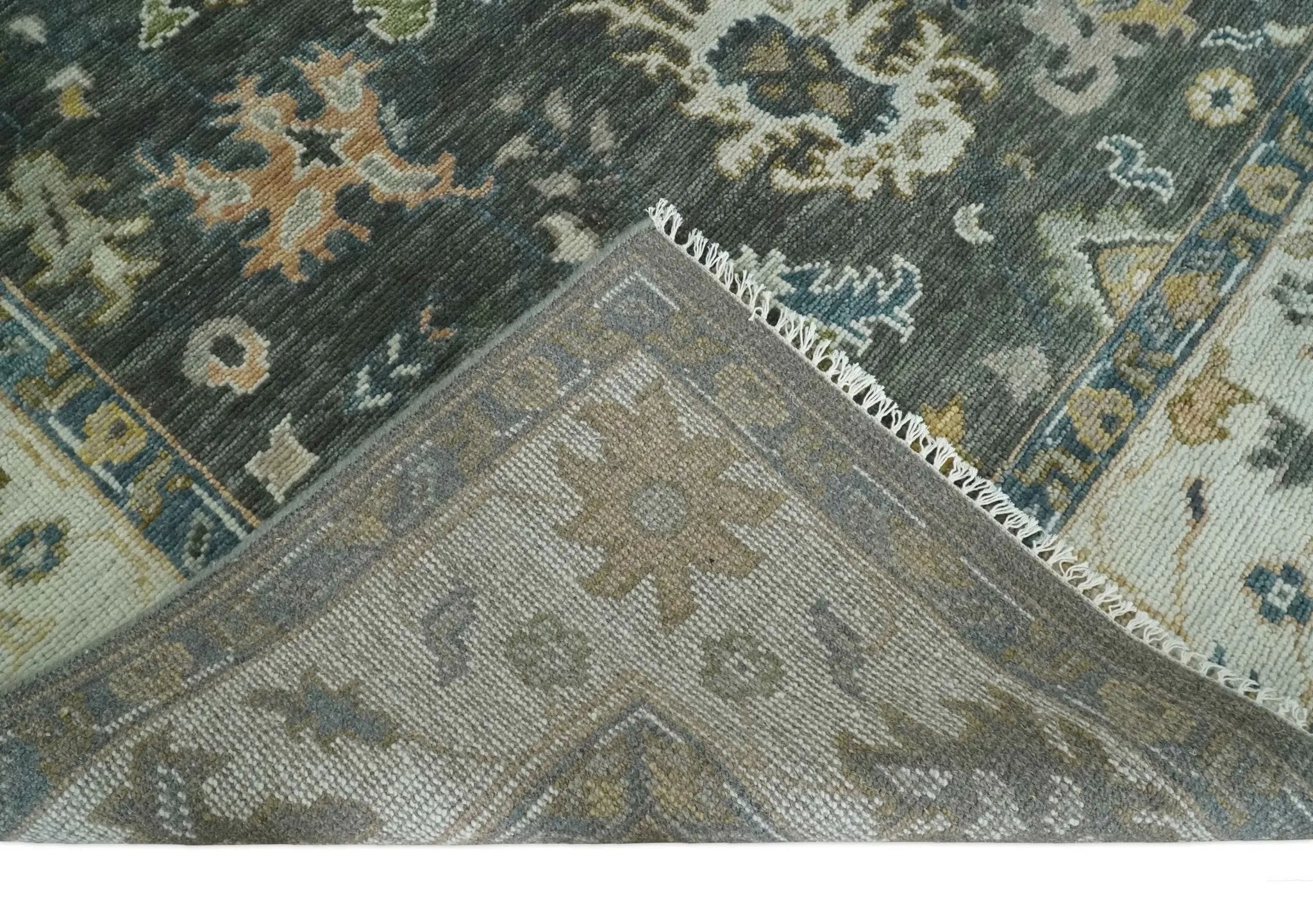 Custom Made Hand Knotted Green and Ivory Traditional Oushak Wool Rug