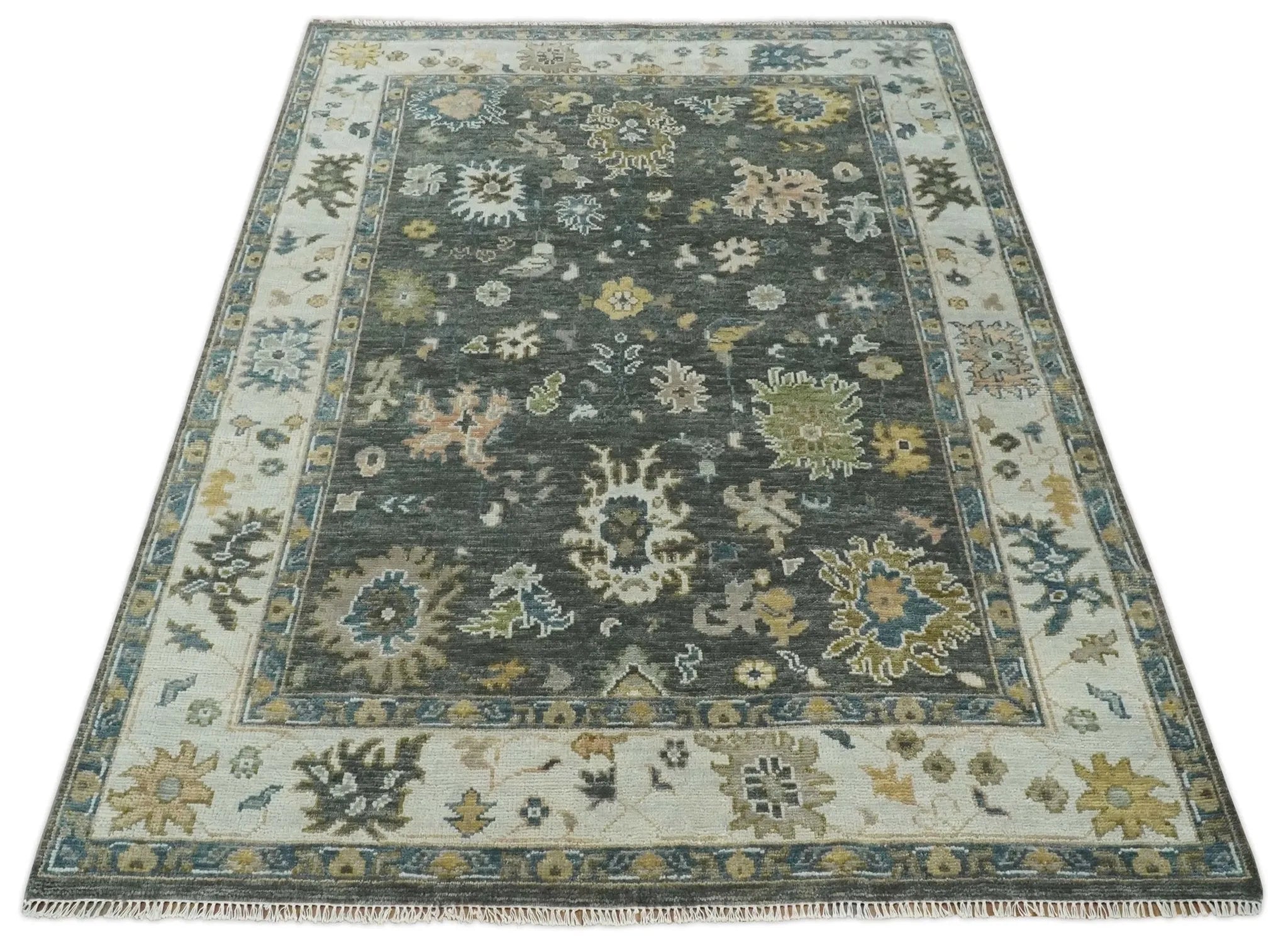 Custom Made Hand Knotted Green and Ivory Traditional Oushak Wool Rug