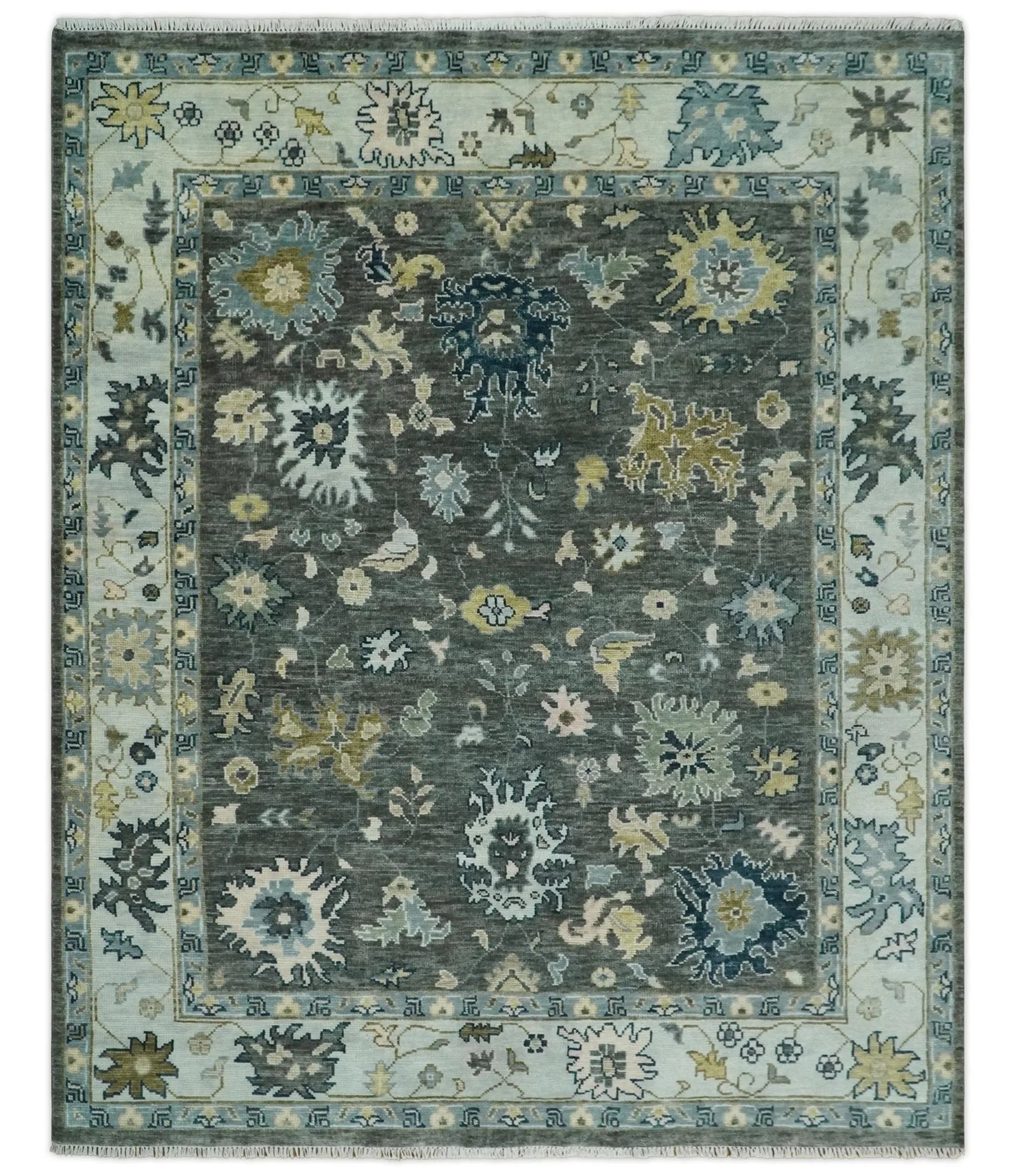 Custom Made Hand Knotted Charcoal and Ivory Traditional Oushak Wool Area Rug