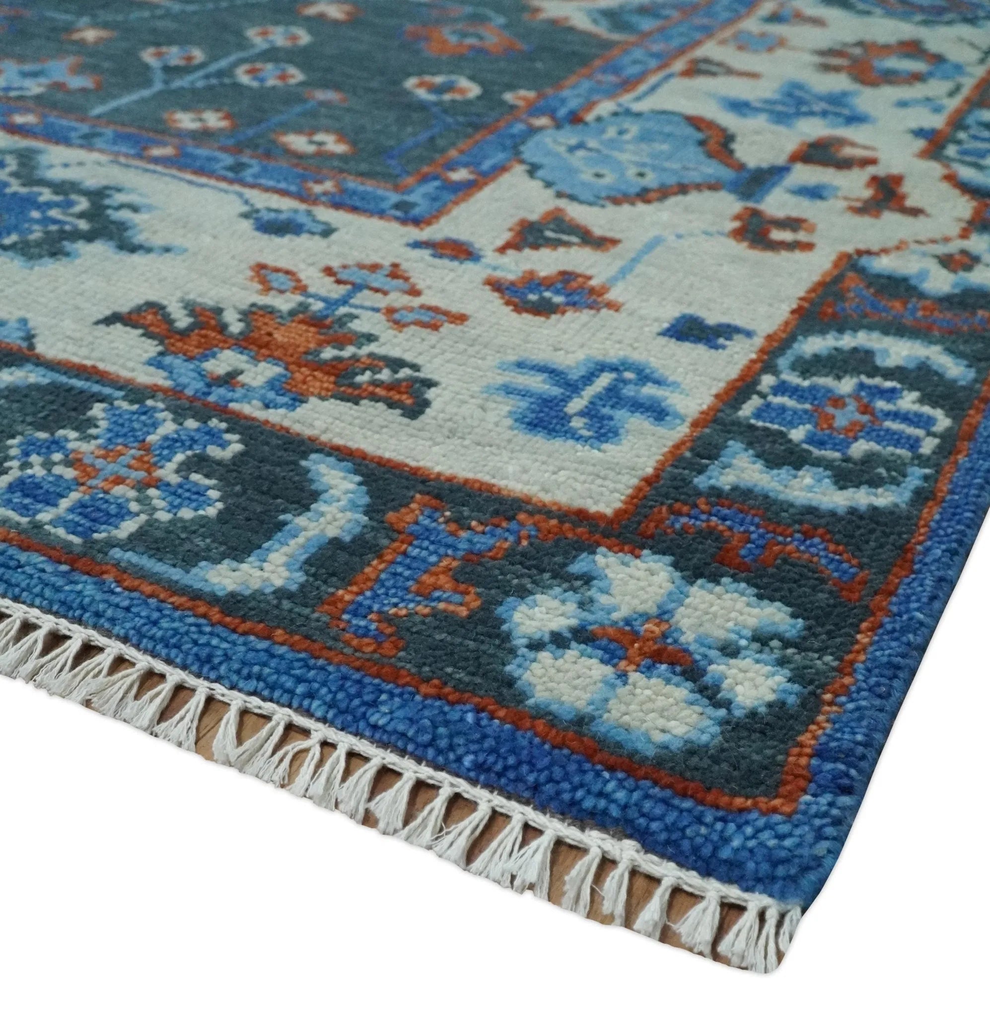 Hand Knotted Teal, Blue and Ivory Traditional Oriental Oushak Multi Size Wool Area Rug