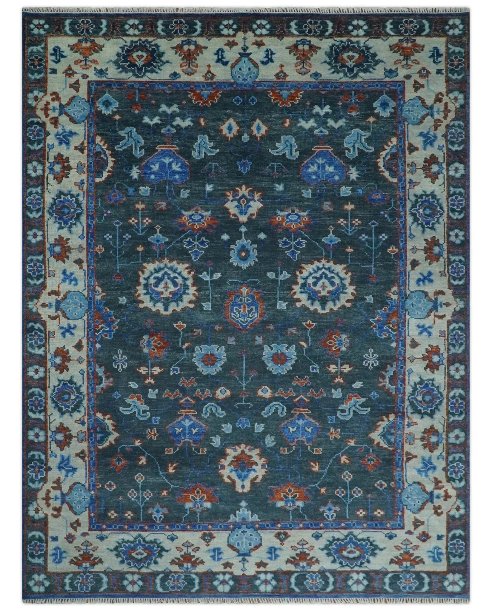 Hand Knotted Teal, Blue and Ivory Traditional Oriental Oushak Multi Size Wool Area Rug