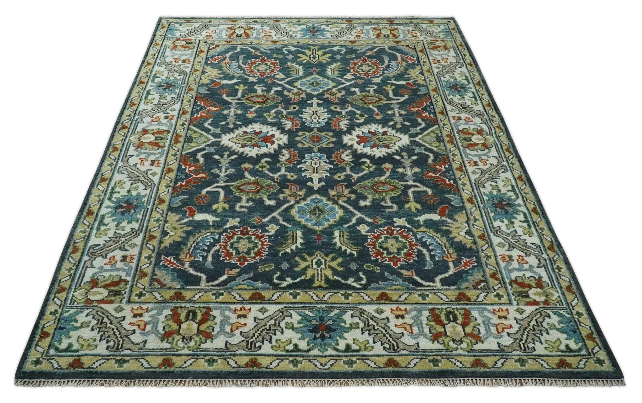 Hand Knotted Green and Ivory Traditional Oriental Oushak Custom Made Wool Area Rug