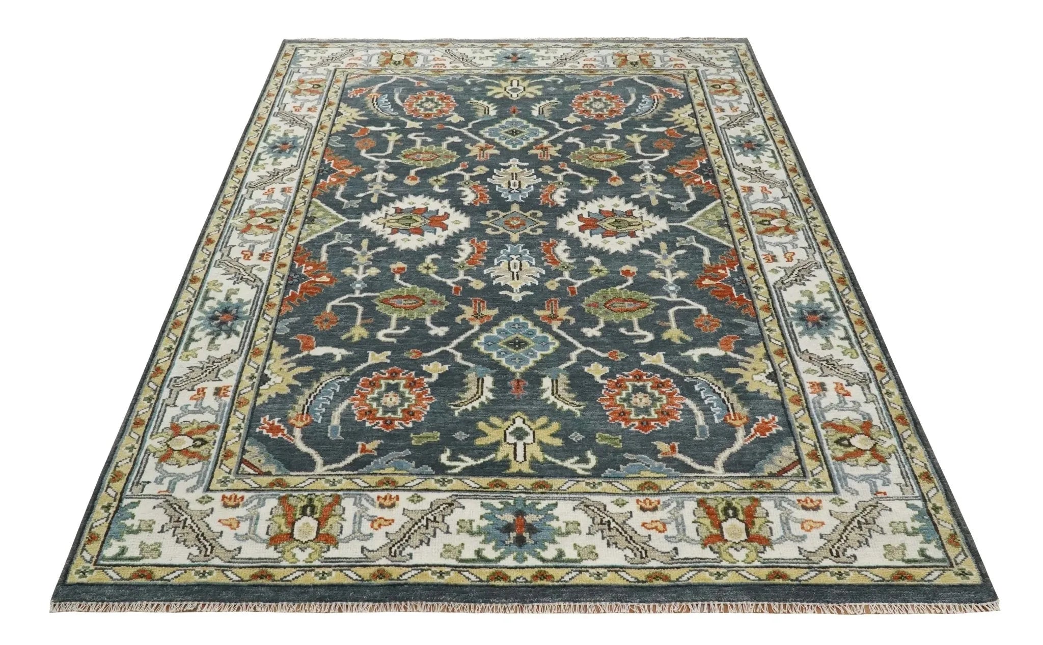 Custom Made Hand Knotted Teal, Blue and Ivory Traditional Oushak Wool Area Rug