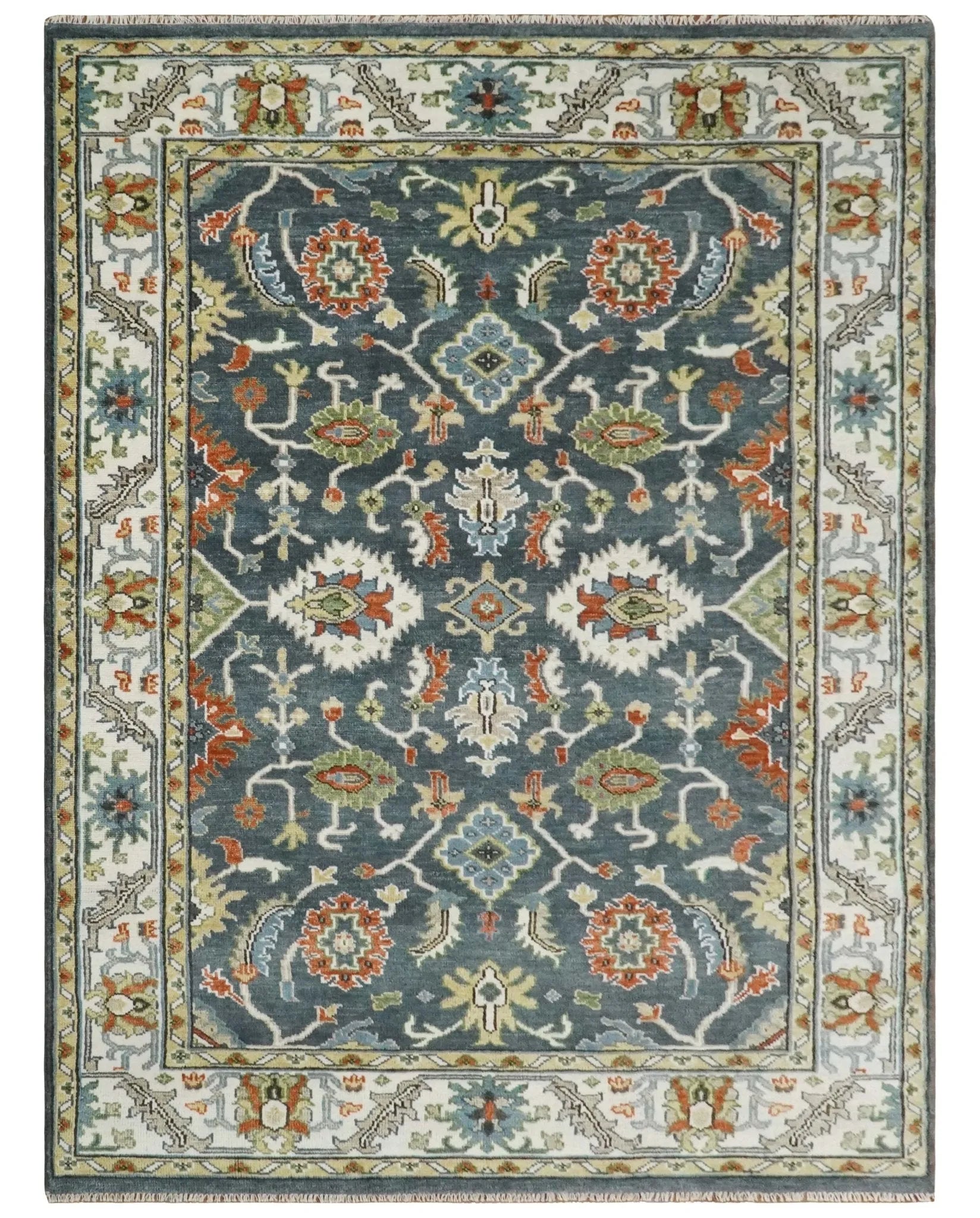 Custom Made Hand Knotted Teal, Blue and Ivory Traditional Oushak Wool Area Rug