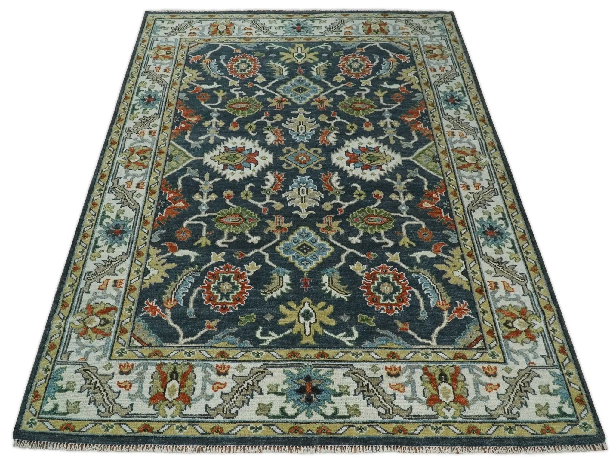 Teal and Ivory Traditional Hand Knotted Oriental Oushak Custom Made Wool Area Rug