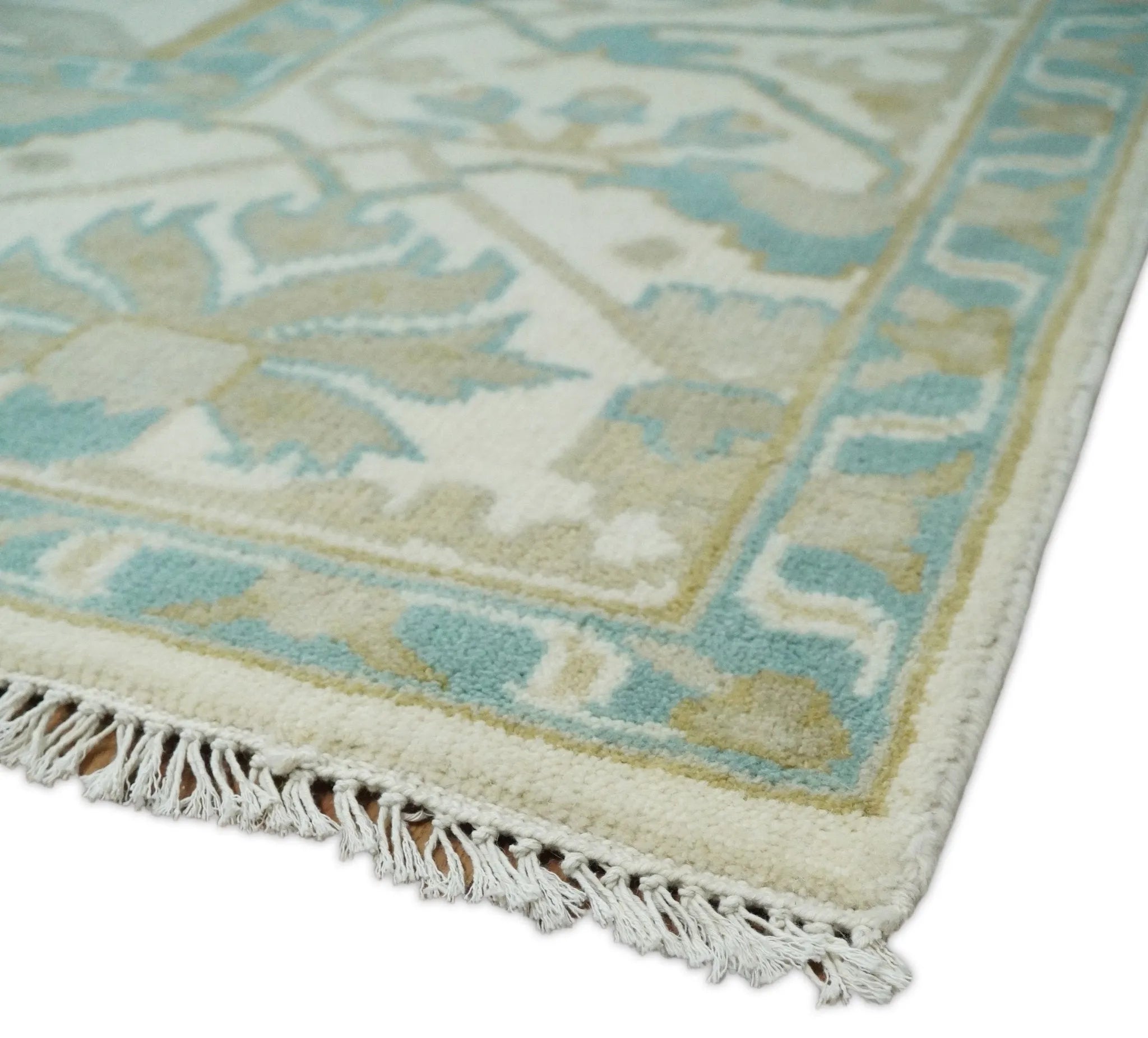 Custom Made Hand Knotted Oriental Oushak Ivory and Light Blue Wool Area Rug