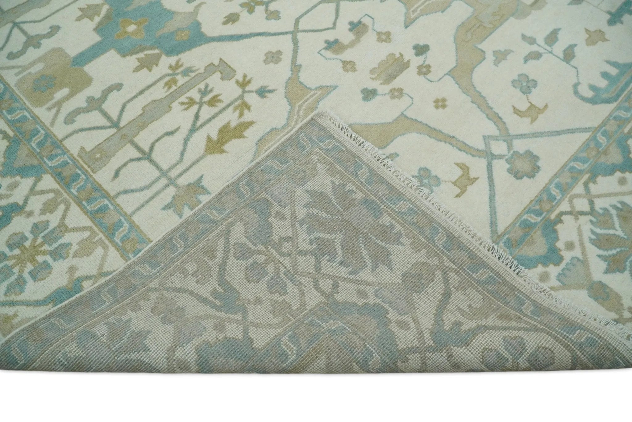 Custom Made Hand Knotted Oriental Oushak Ivory and Light Blue Wool Area Rug