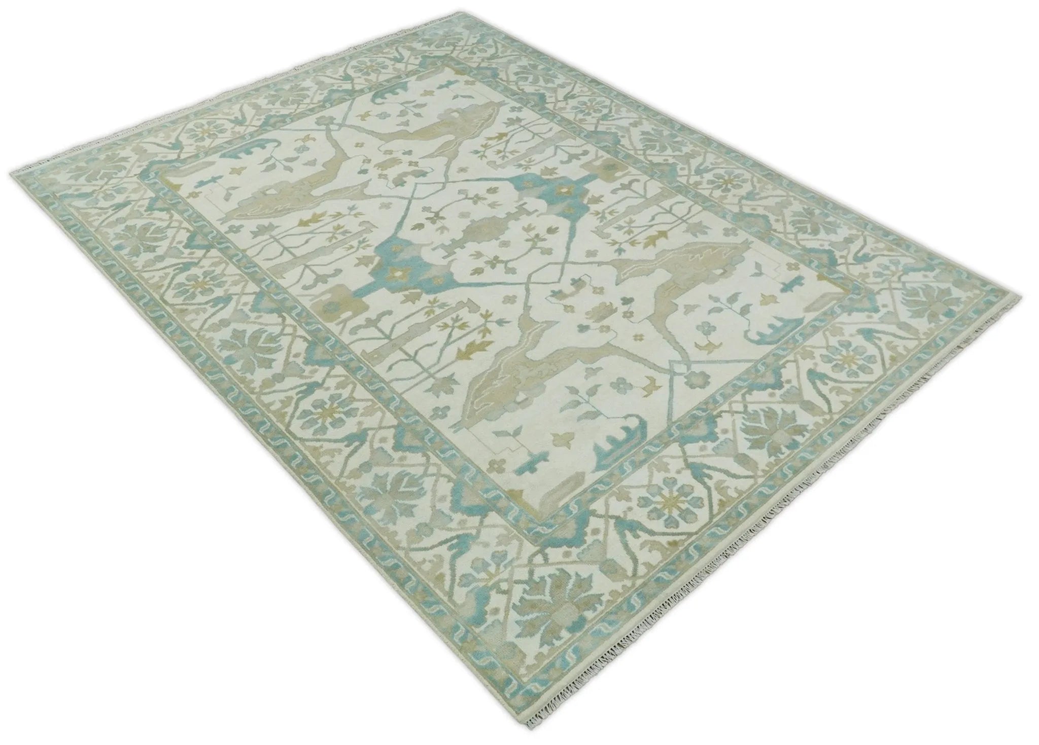 Custom Made Hand Knotted Oriental Oushak Ivory and Light Blue Wool Area Rug