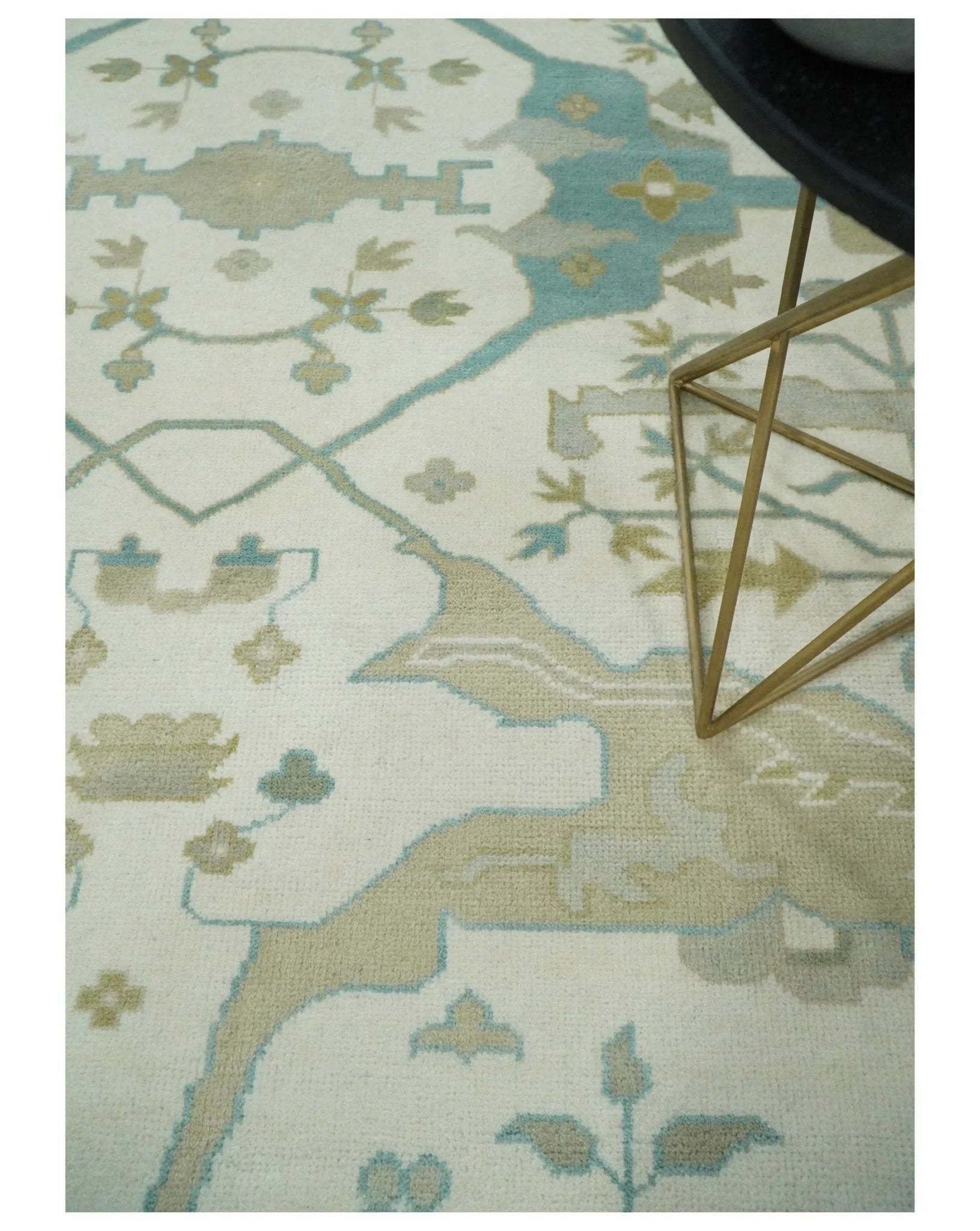 Custom Made Hand Knotted Oriental Oushak Ivory and Light Blue Wool Area Rug