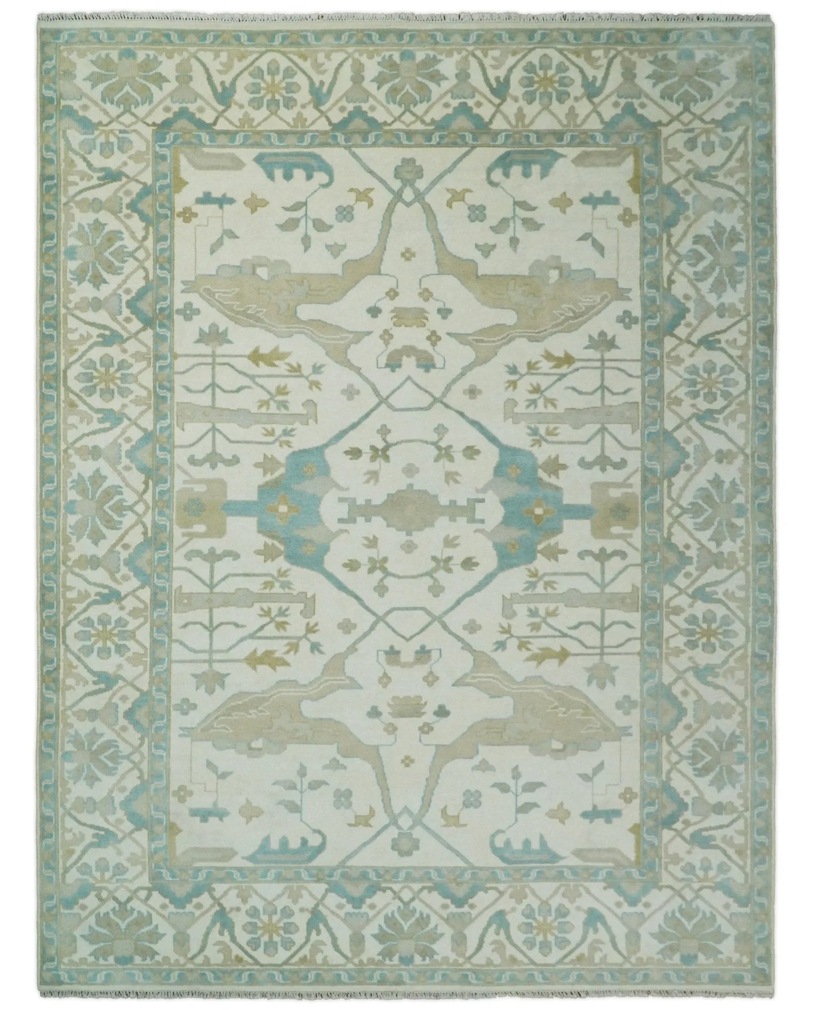 Custom Made Hand Knotted Oriental Oushak Ivory and Light Blue Wool Area Rug