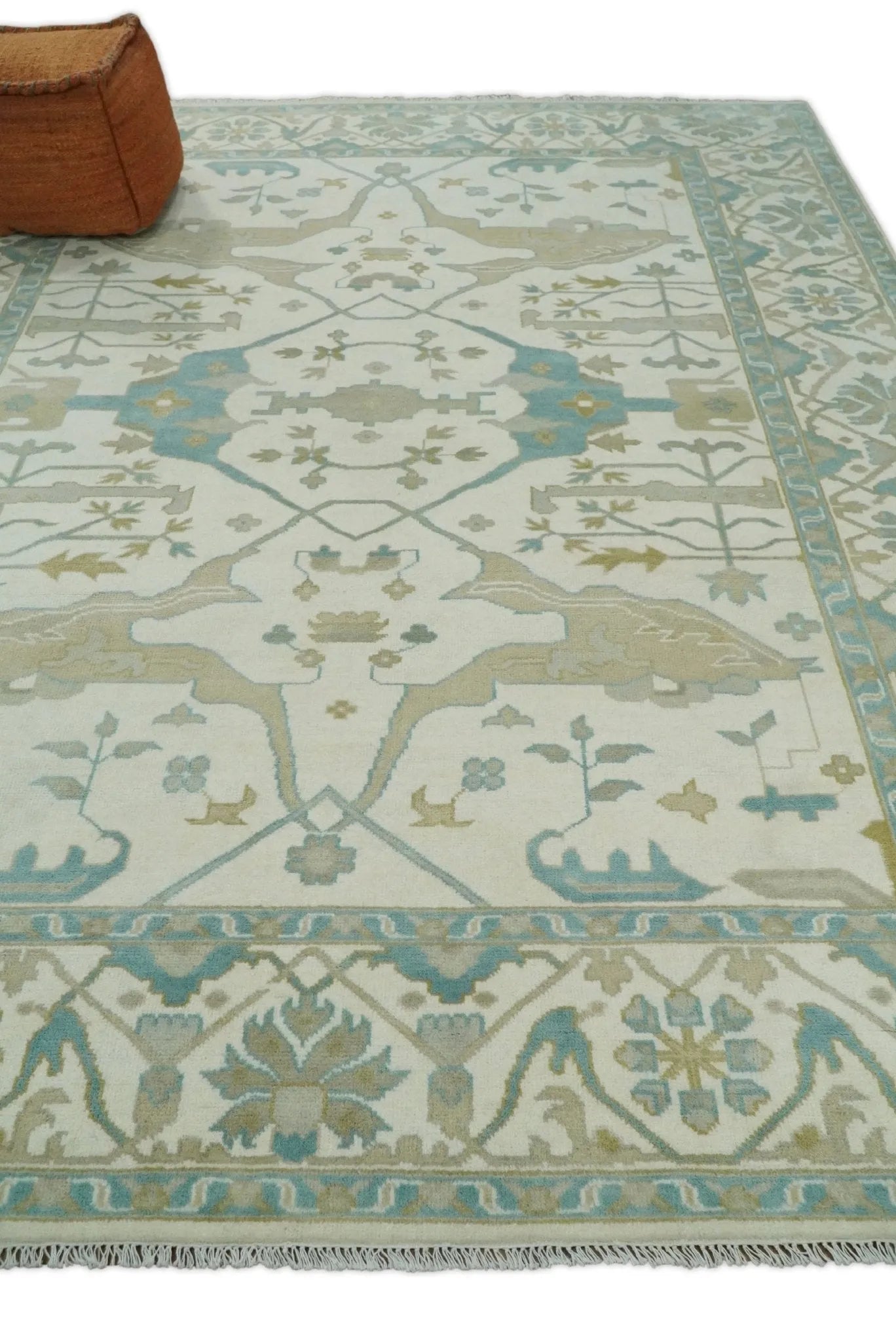 Custom Made Hand Knotted Oriental Oushak Ivory and Light Blue Wool Area Rug